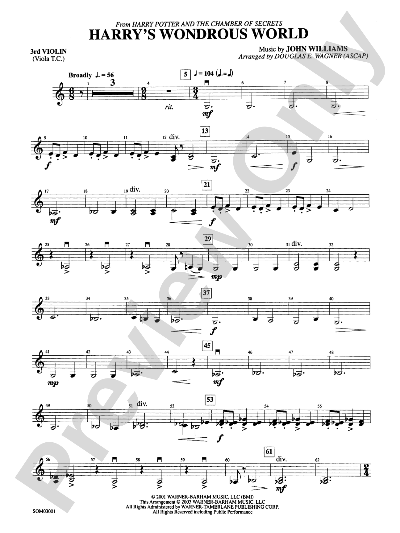Harry's Wondrous World (from Harry Potter and the Chamber of Secrets): 3rd Violin (Viola [TC])