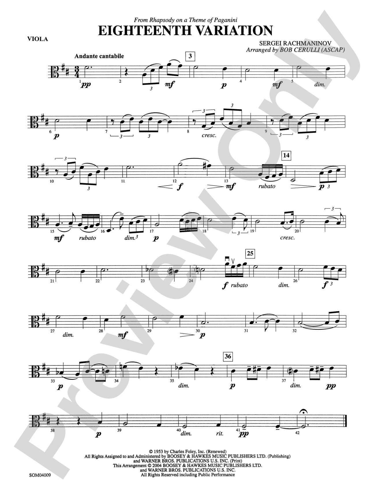 Eighteenth Variation (from Rhapsody on a Theme of Paganini): Viola