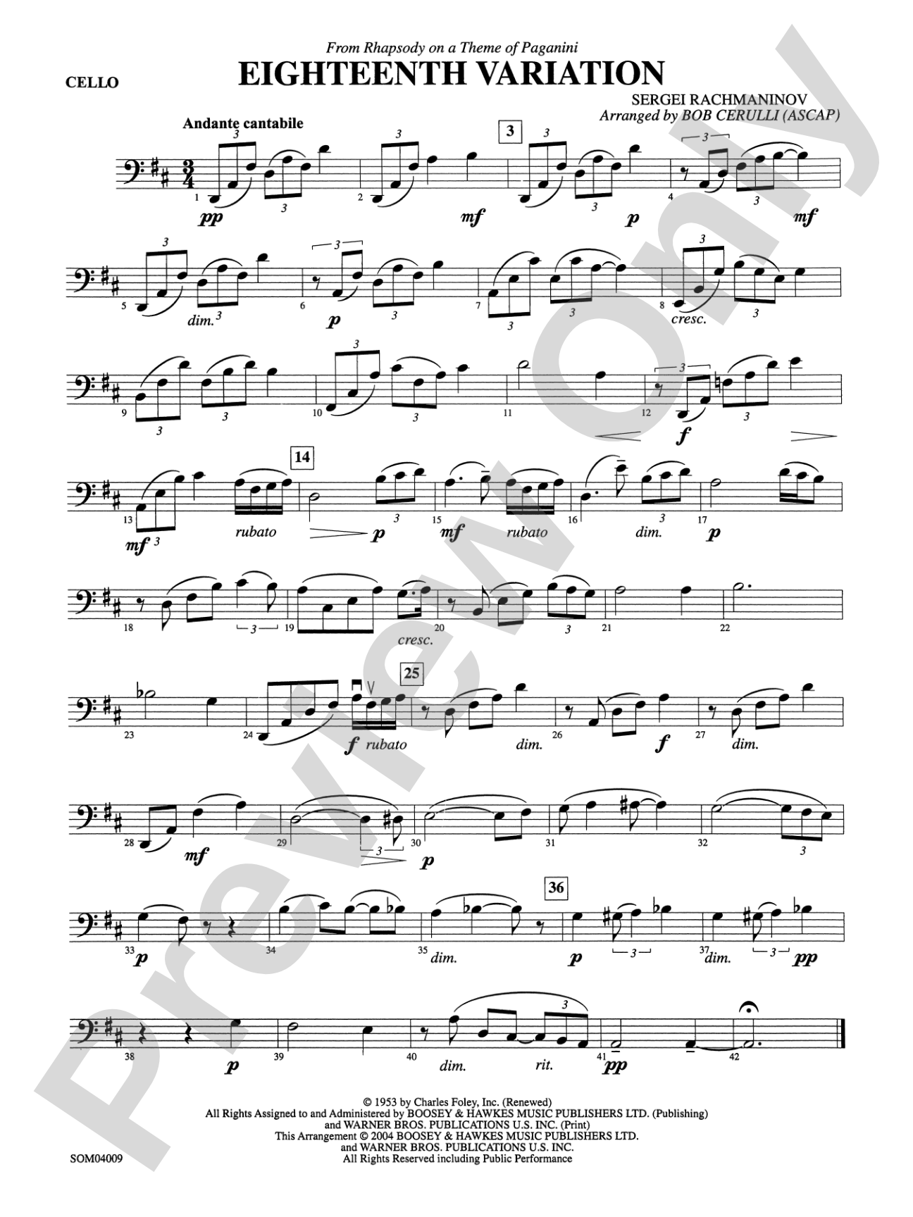 Eighteenth Variation (from Rhapsody on a Theme of Paganini): Cello