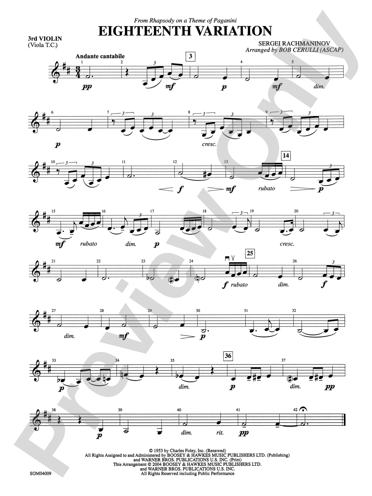 Eighteenth Variation (from Rhapsody on a Theme of Paganini): 3rd Violin (Viola [TC])