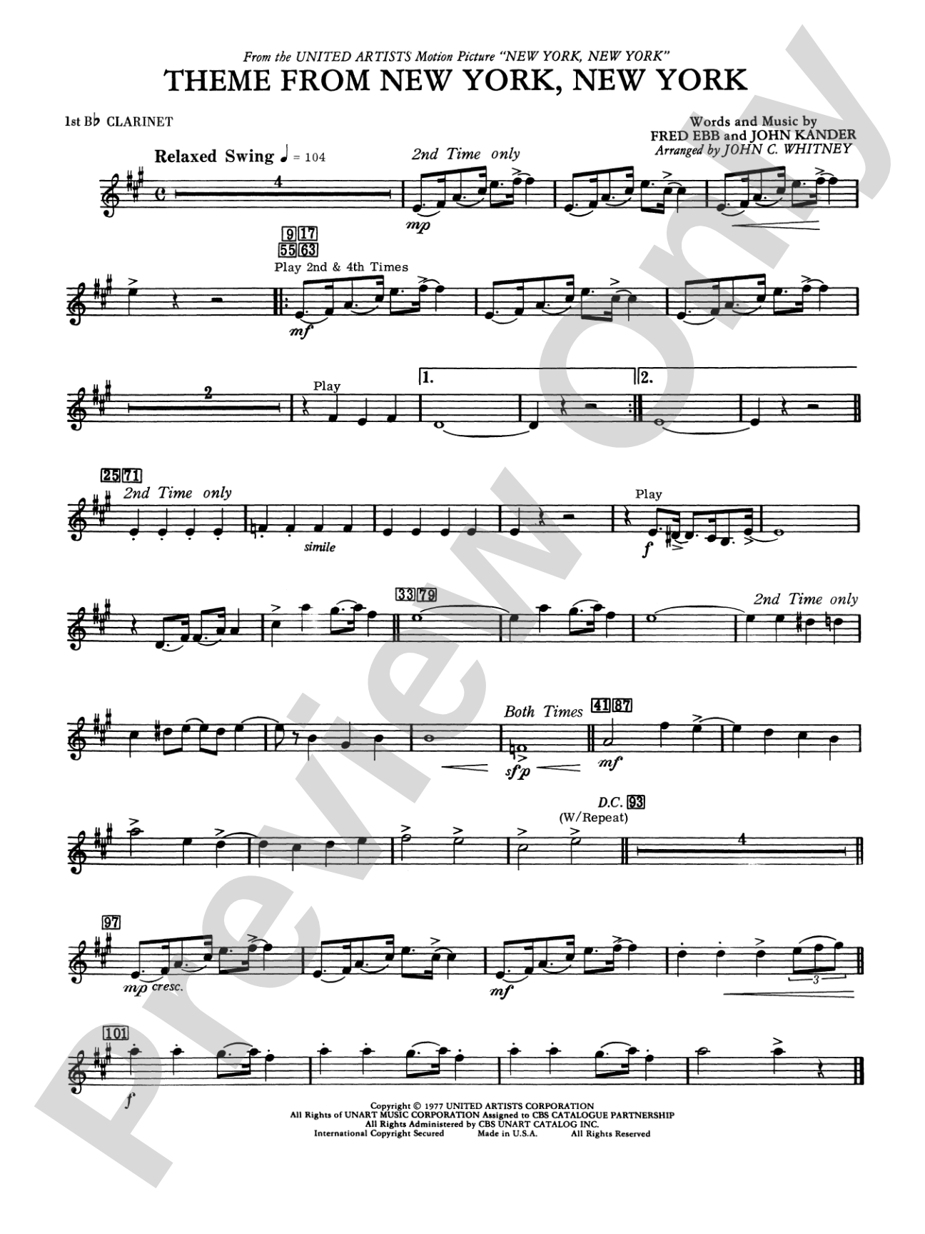 New York, New York, Theme from: 1st B-flat Clarinet