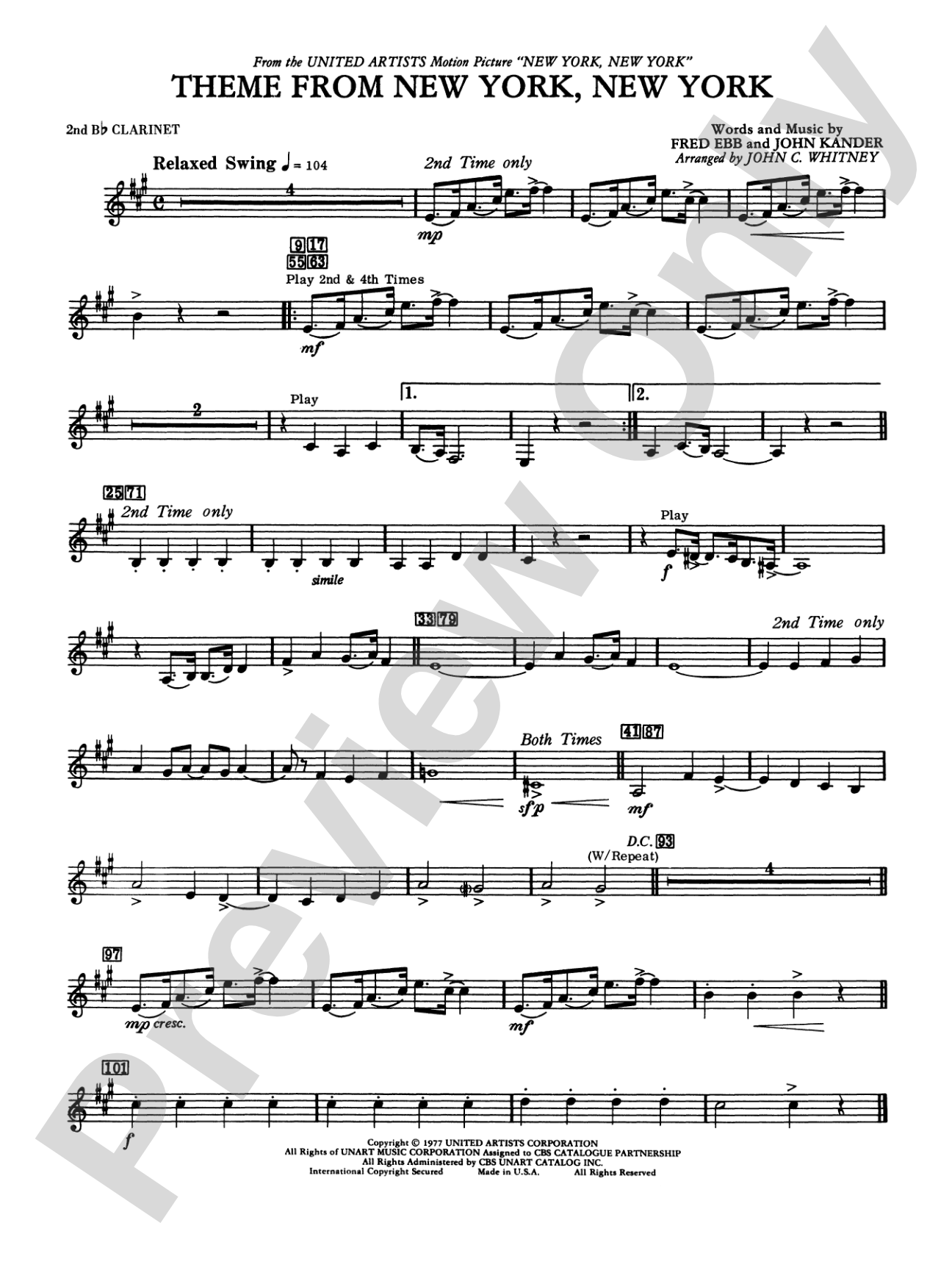 New York, New York, Theme from: 2nd B-flat Clarinet