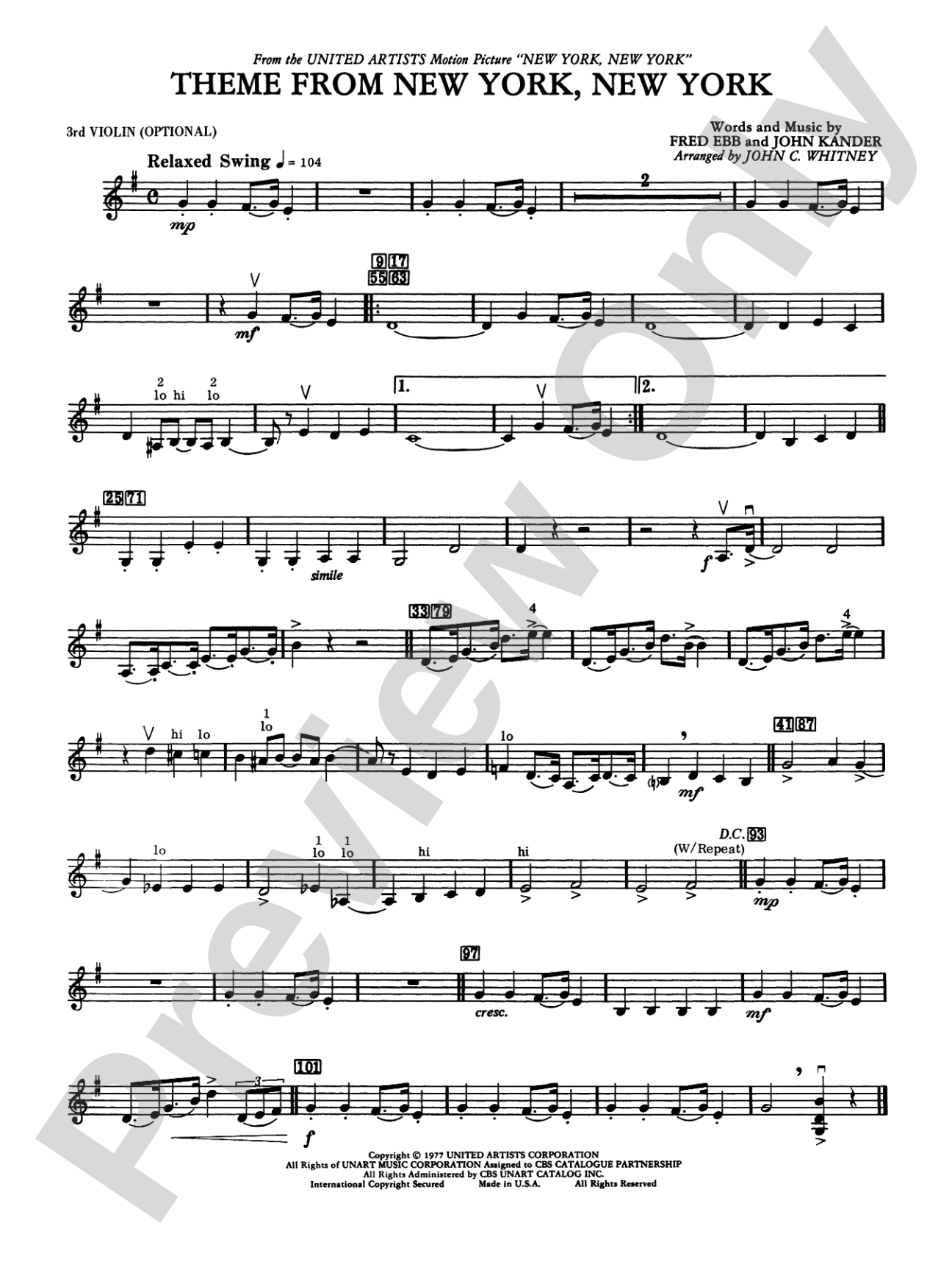 New York, New York, Theme from: 3rd Violin (Viola [TC])
