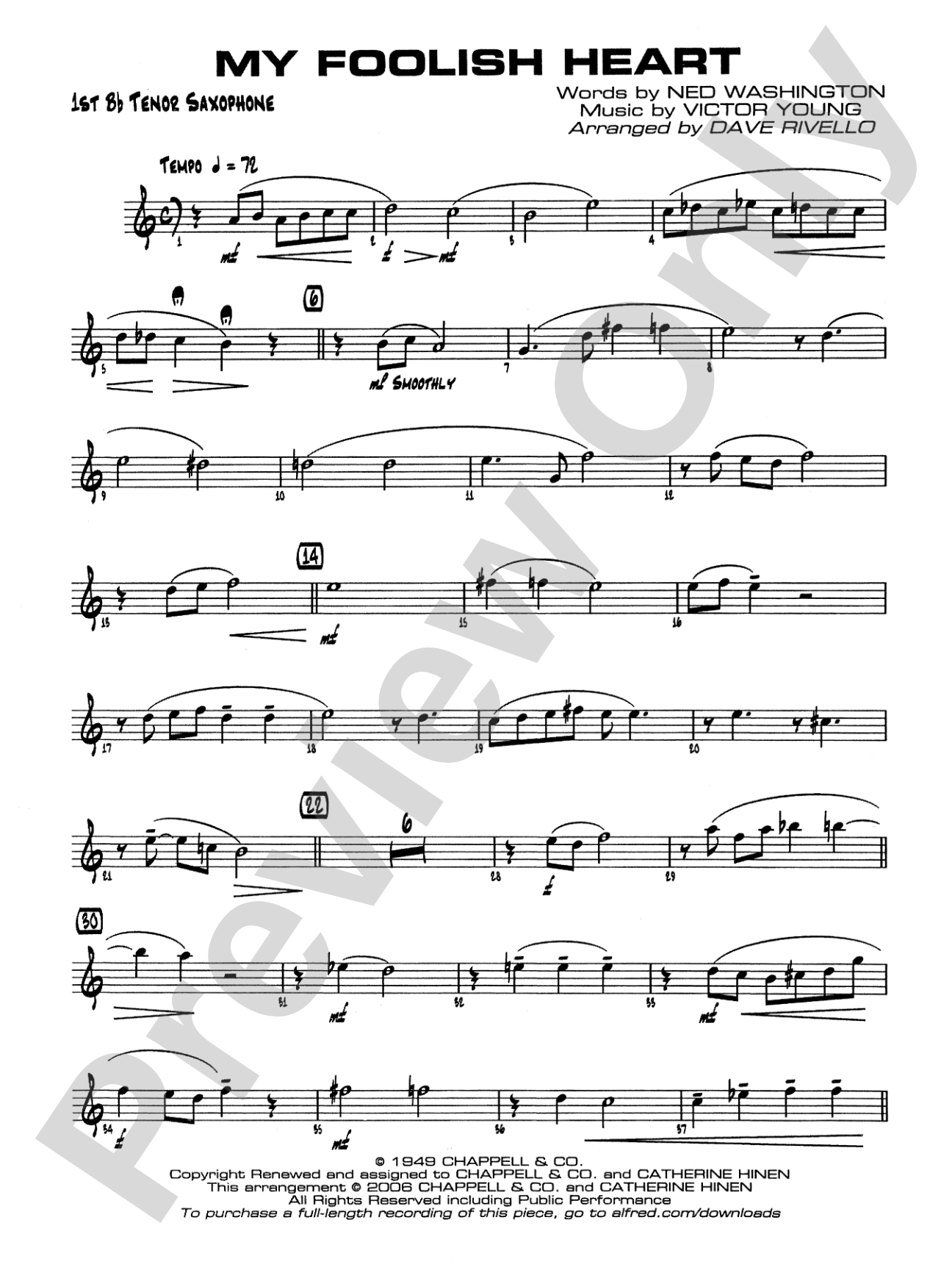 My Foolish Heart: B-flat Tenor Saxophone