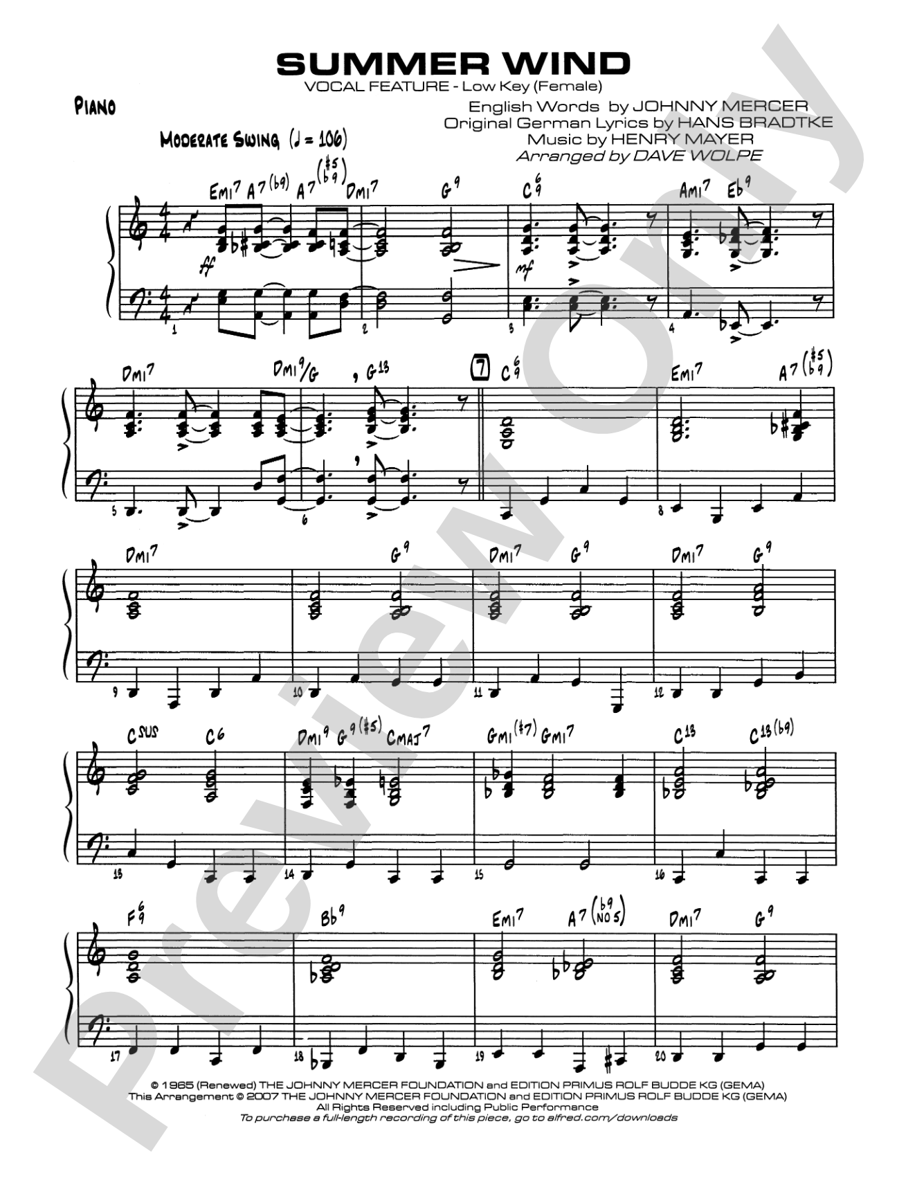 Summer Wind: Piano Accompaniment