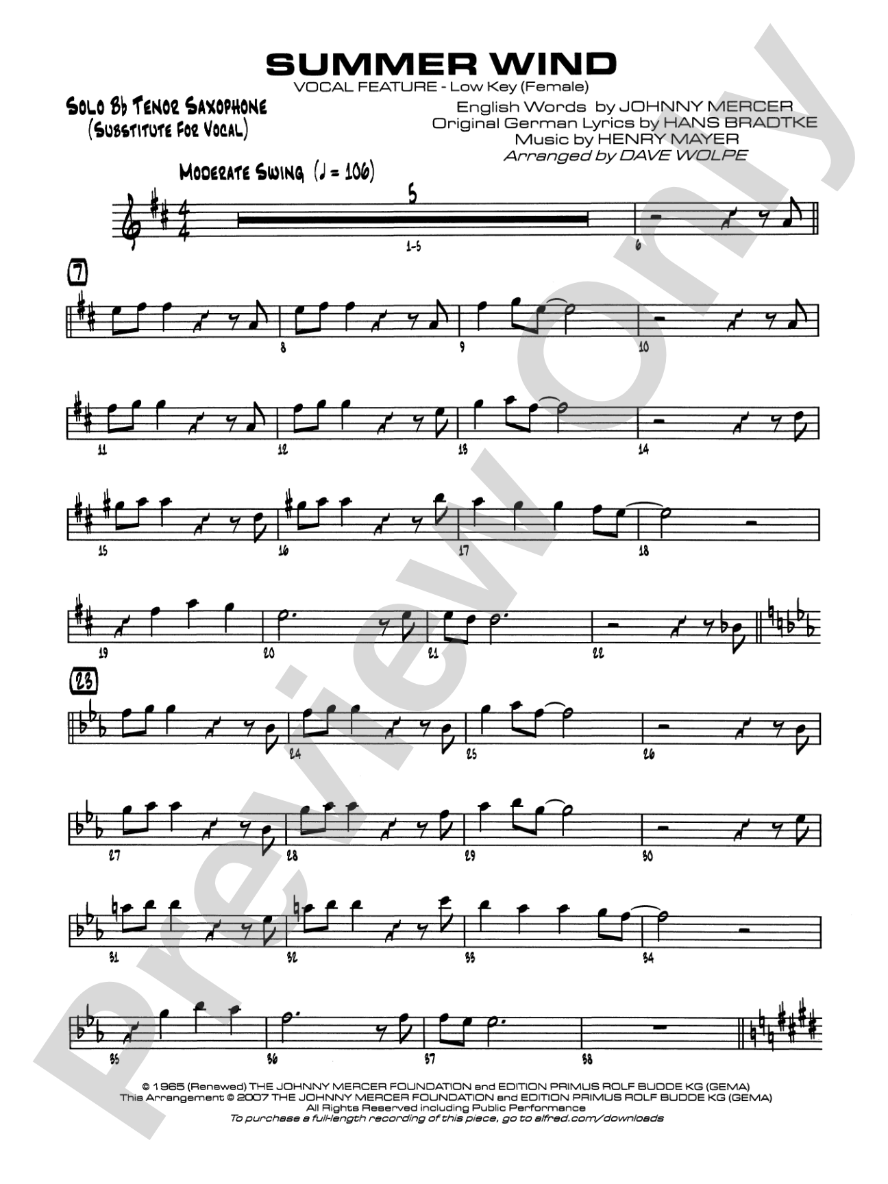 Summer Wind: Solo Tenor Saxophone