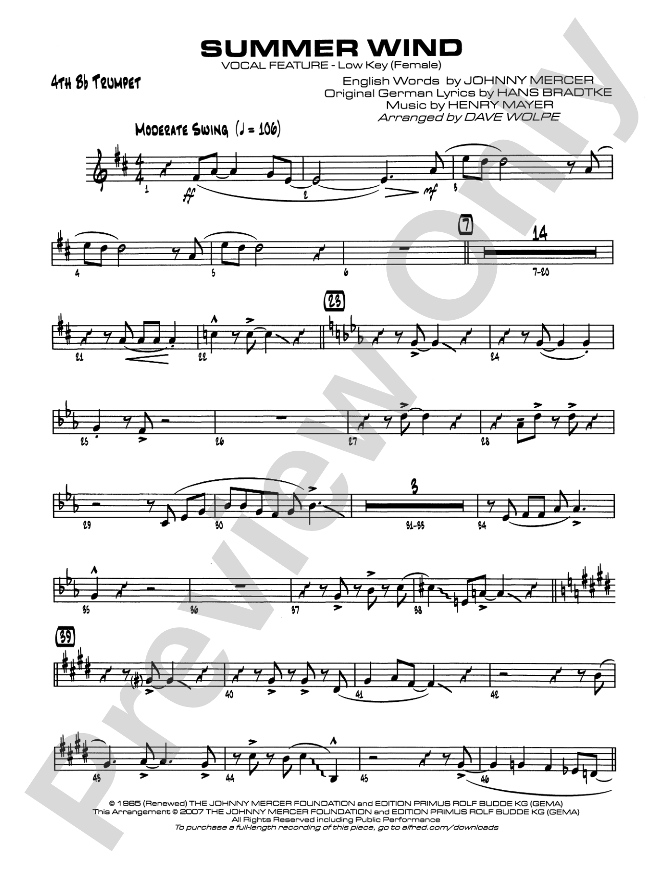 Summer Wind: 4th B-flat Trumpet