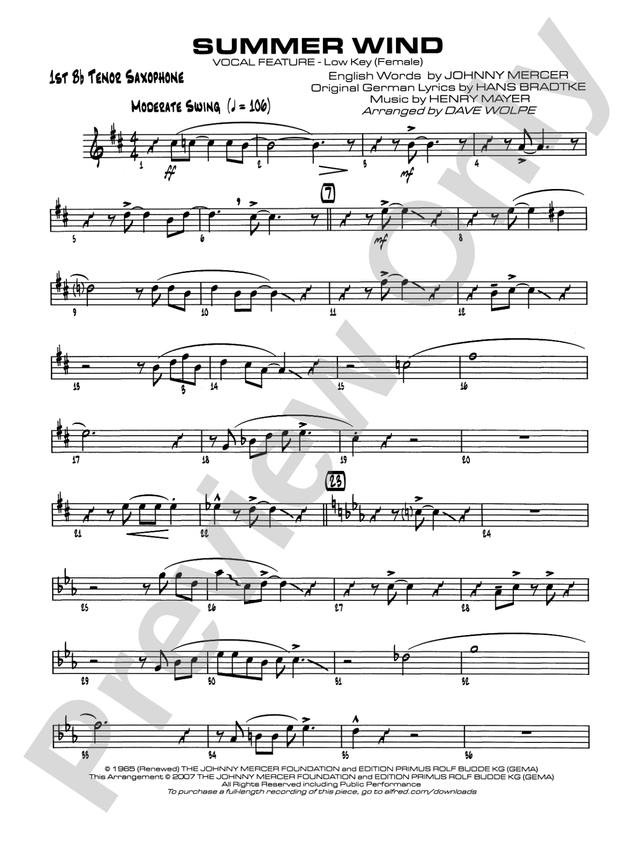 Summer Wind: B-flat Tenor Saxophone