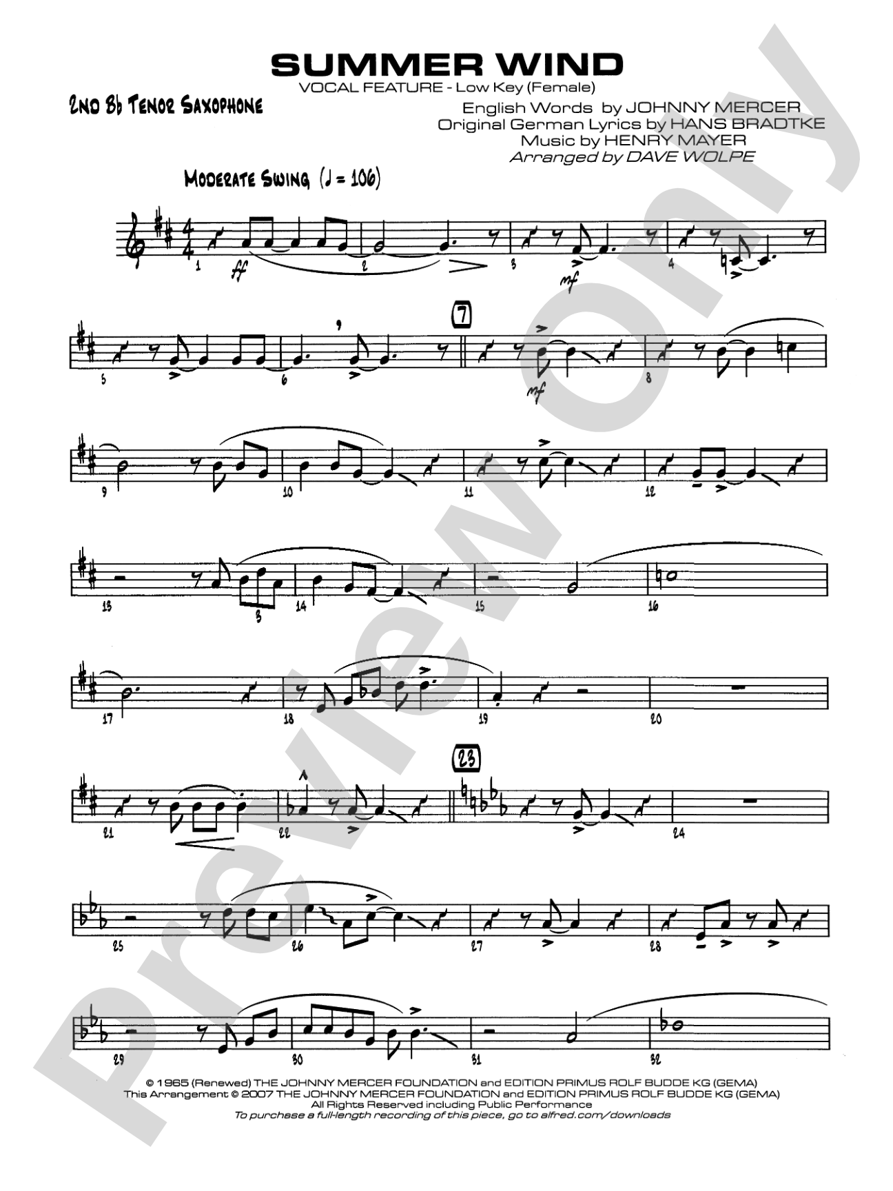 Summer Wind: 2nd B-flat Tenor Saxophone