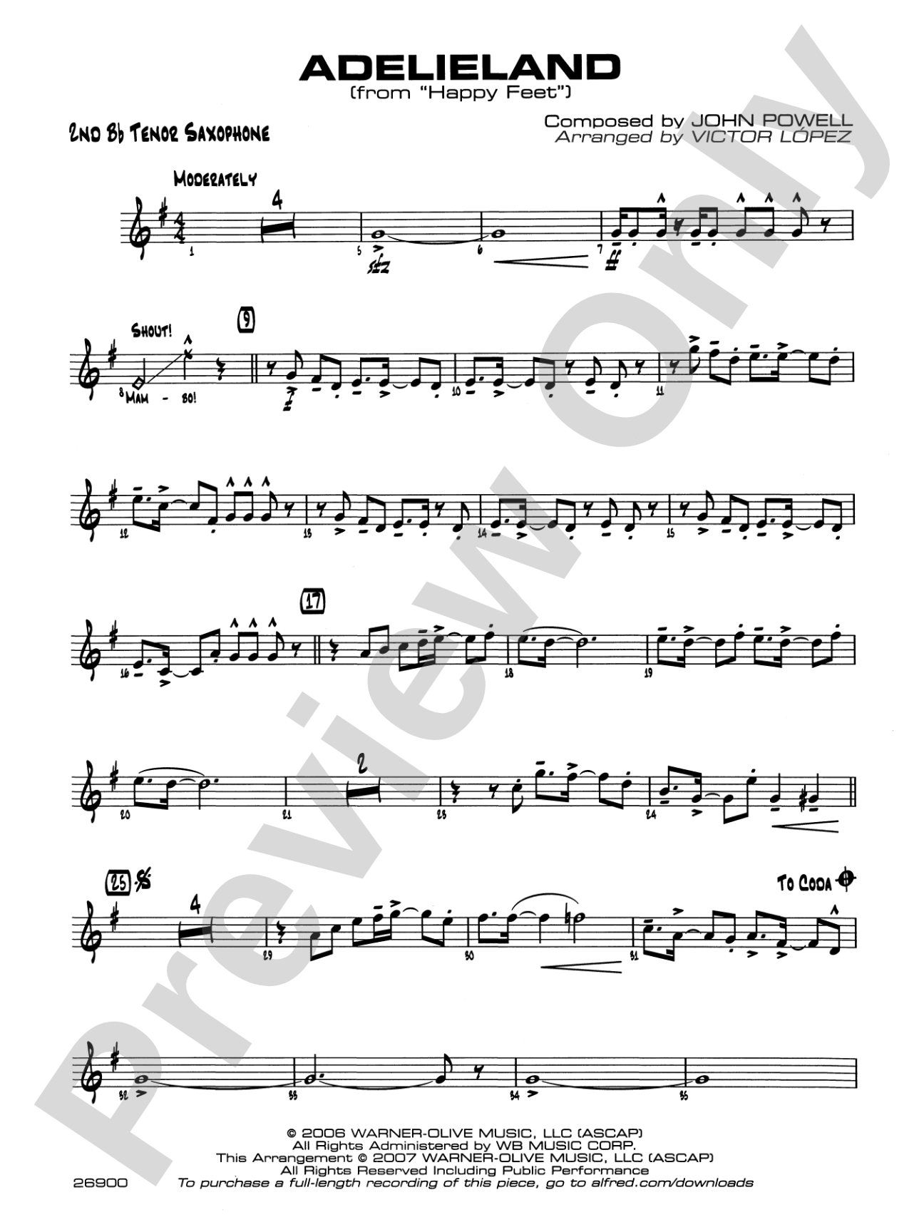 Adelieland (from Happy Feet): 2nd B-flat Tenor Saxophone