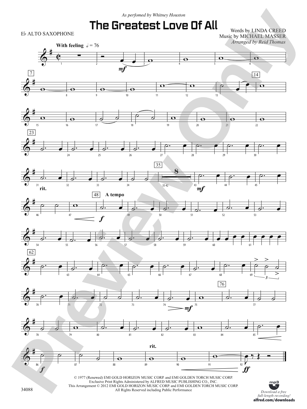 The Greatest Love of All: E-flat Alto Saxophone