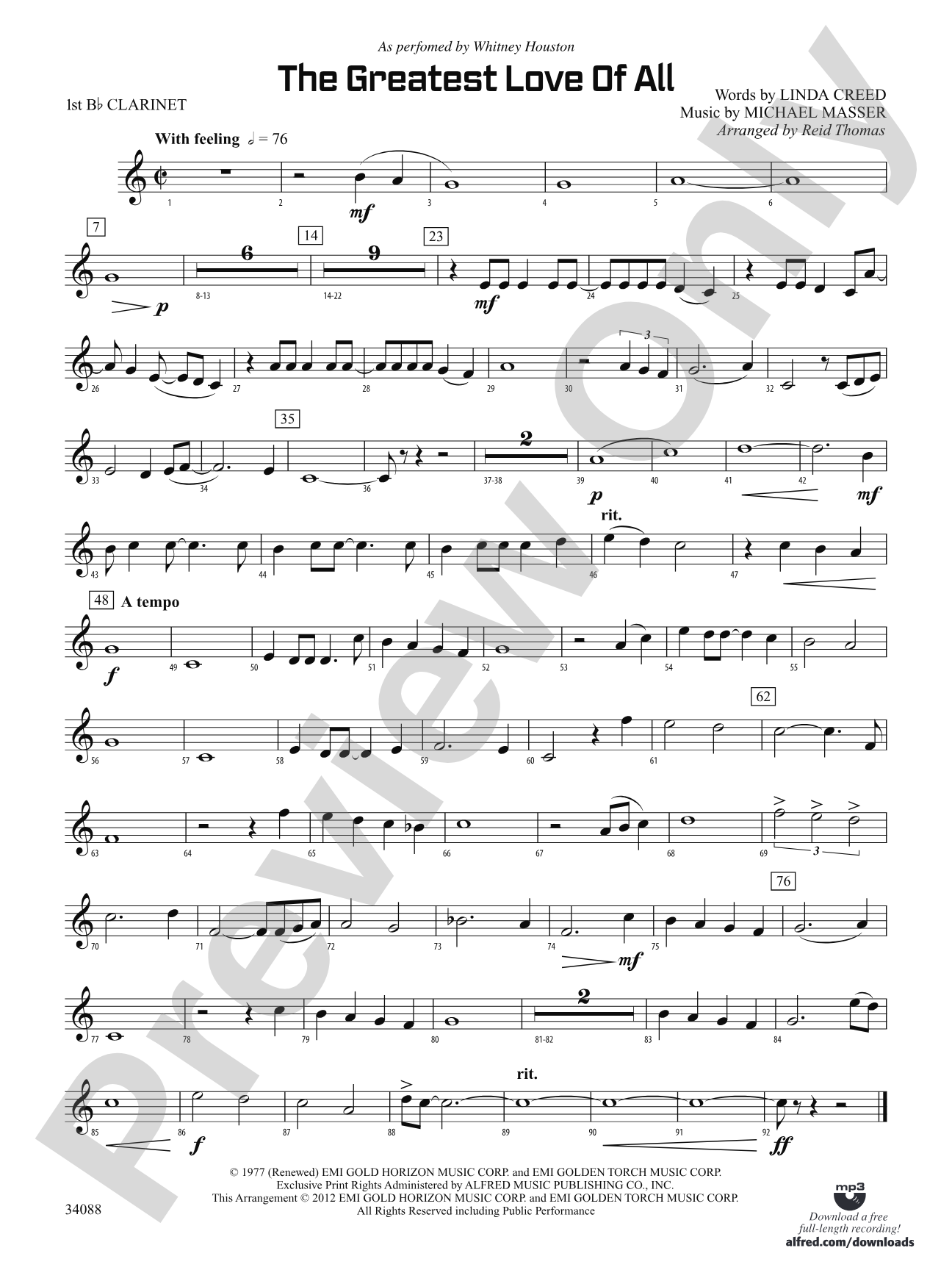 The Greatest Love of All: 1st B-flat Clarinet
