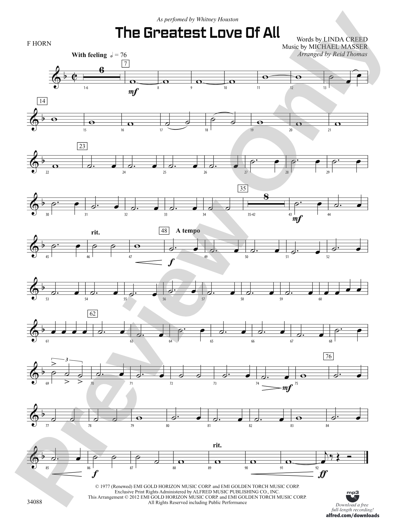 The Greatest Love of All: 1st F Horn