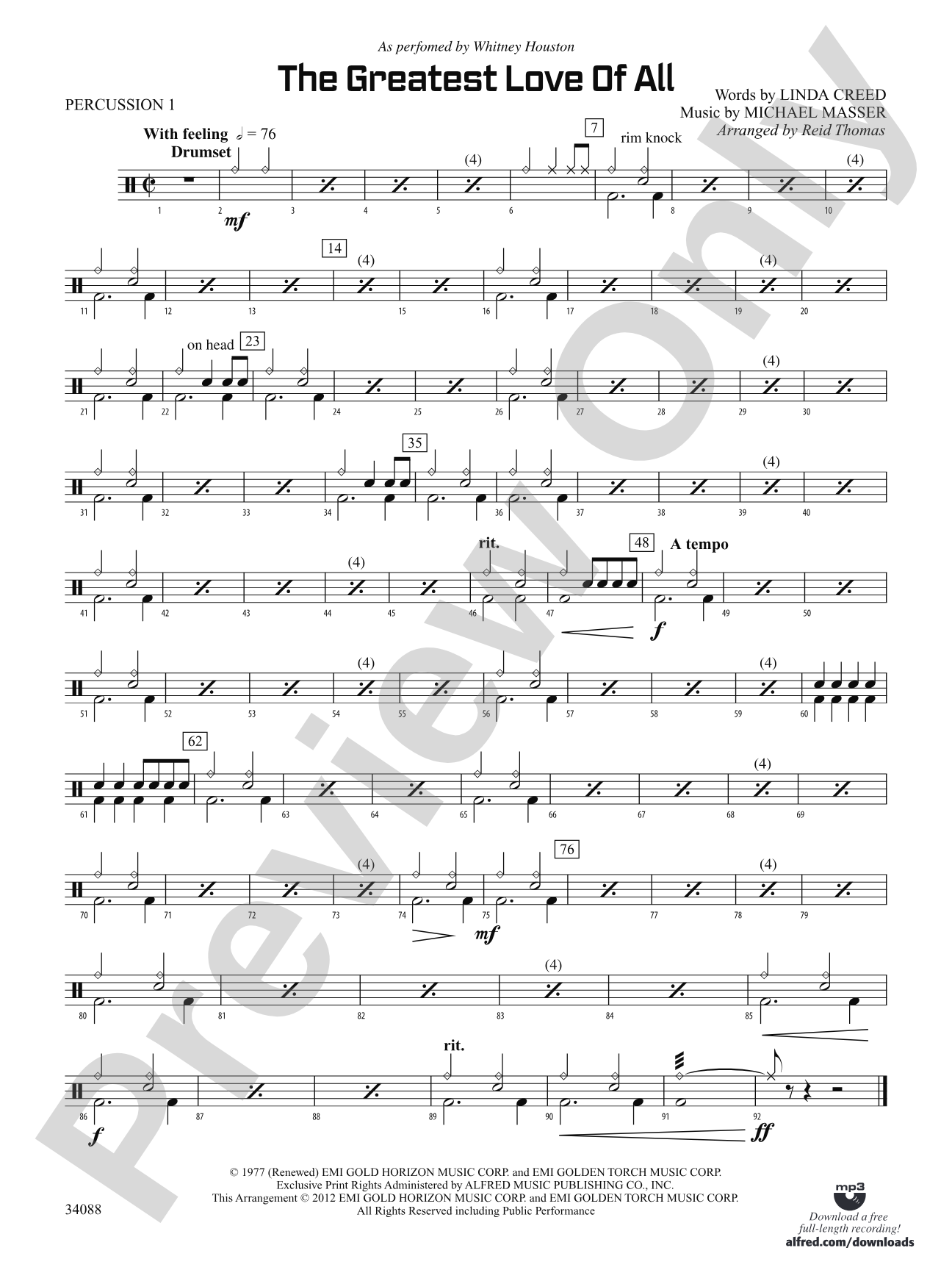 The Greatest Love of All: 1st Percussion