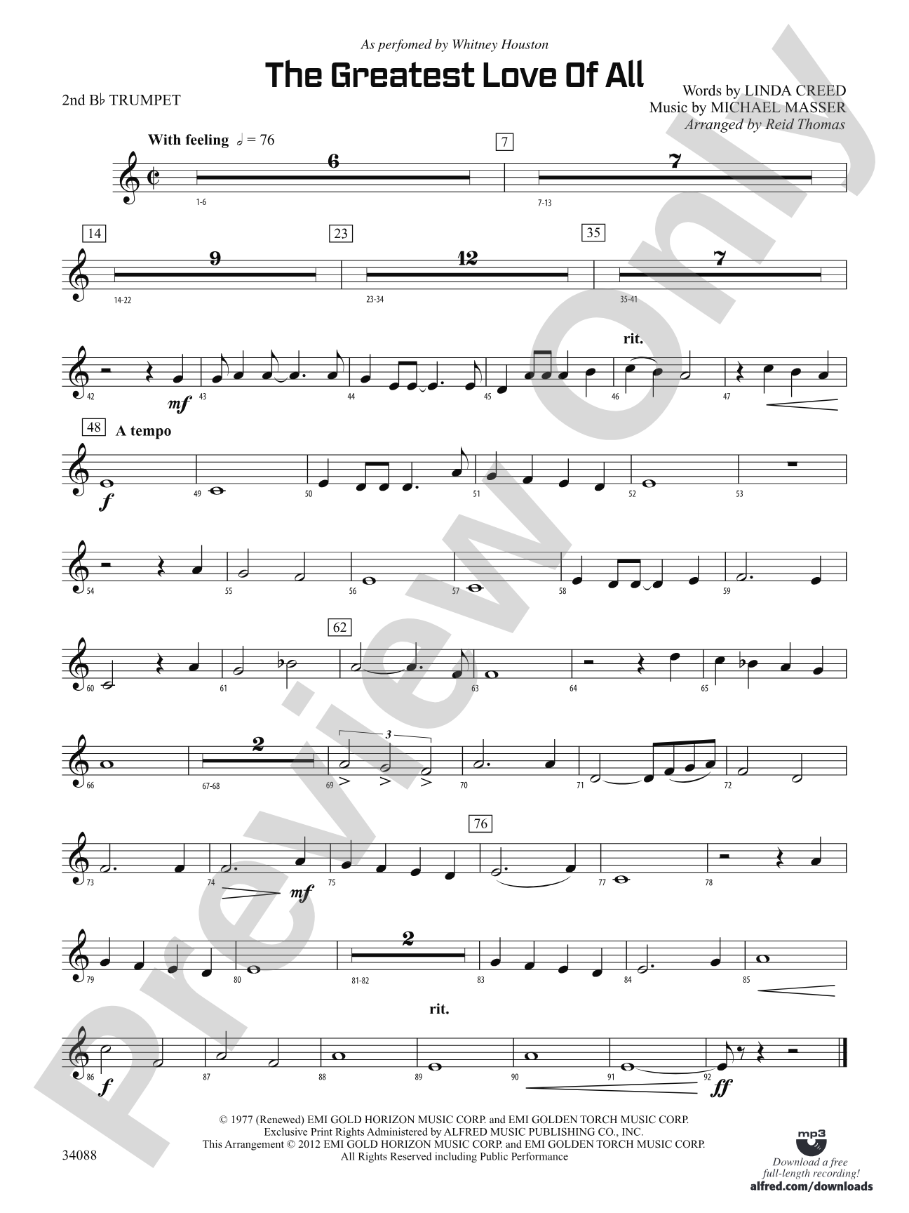 The Greatest Love of All: 2nd B-flat Trumpet