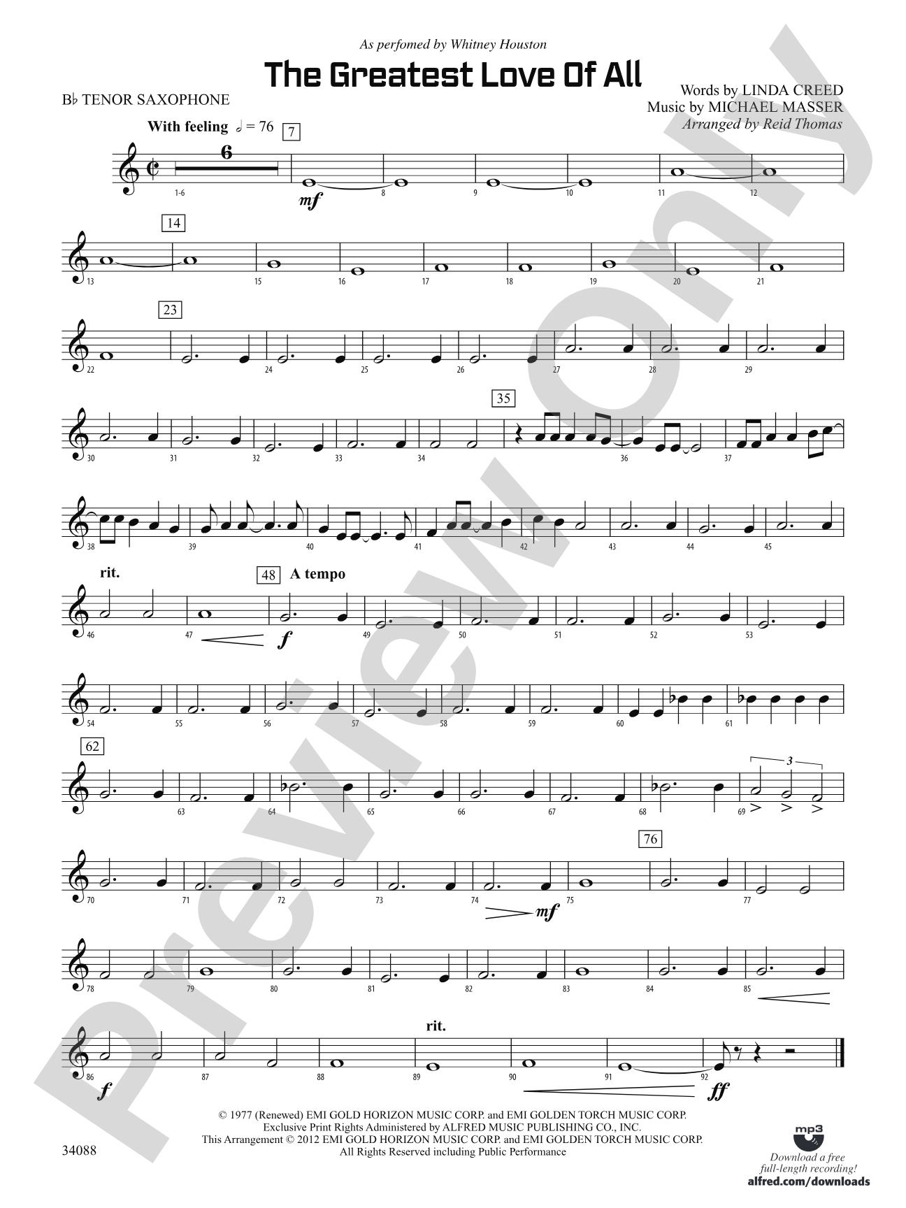 The Greatest Love of All: B-flat Tenor Saxophone
