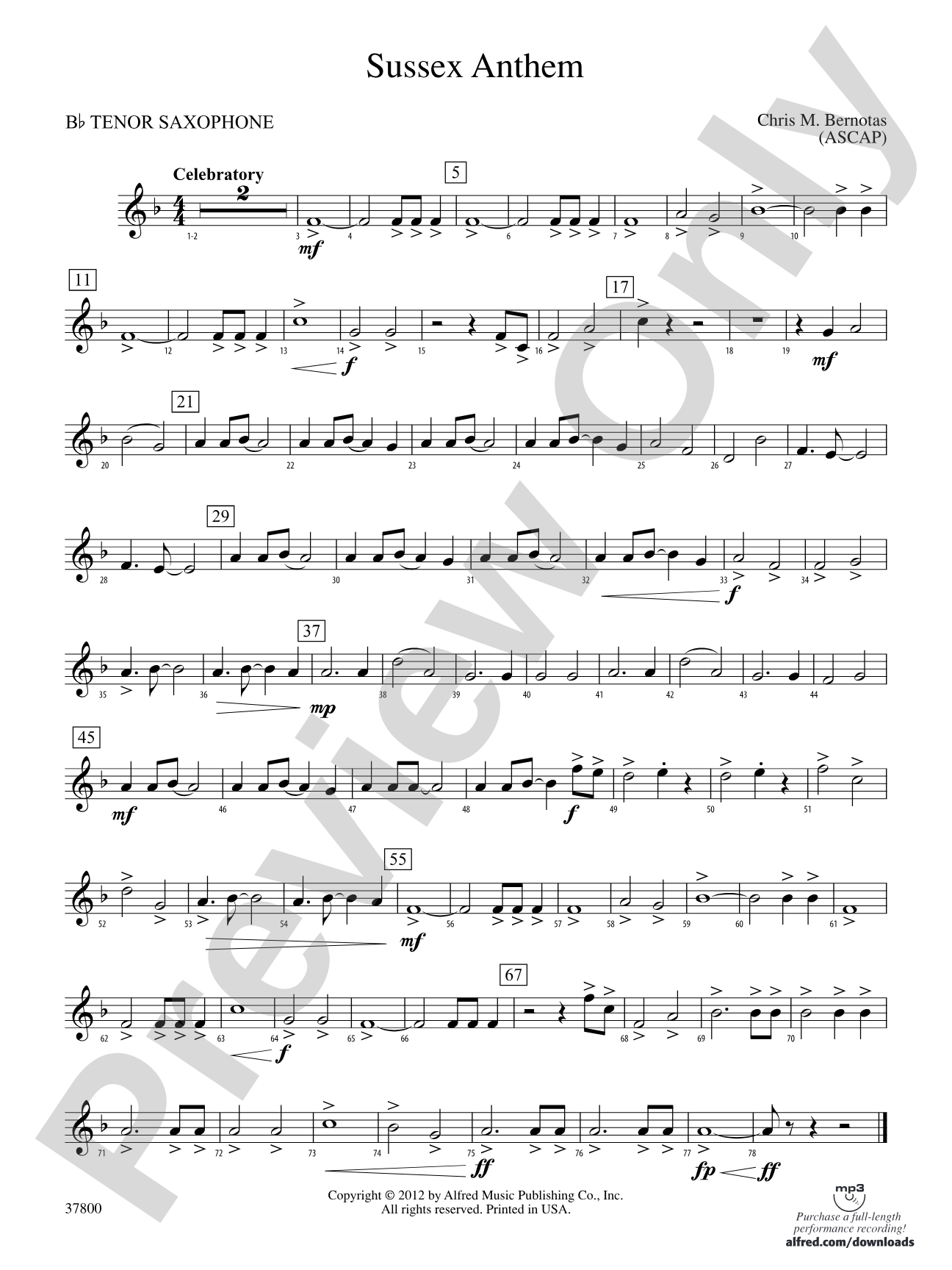 Sussex Anthem: B-flat Tenor Saxophone