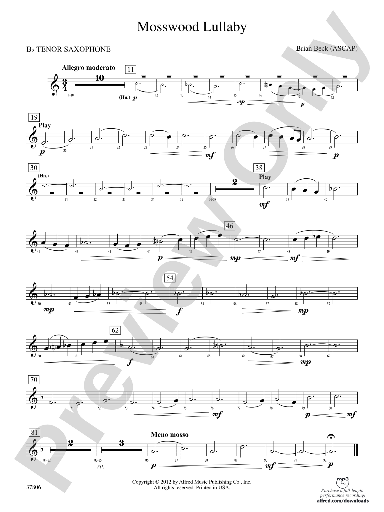 Mosswood Lullaby: B-flat Tenor Saxophone