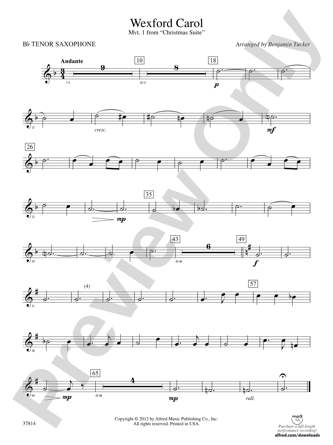 Wexford Carol: B-flat Tenor Saxophone