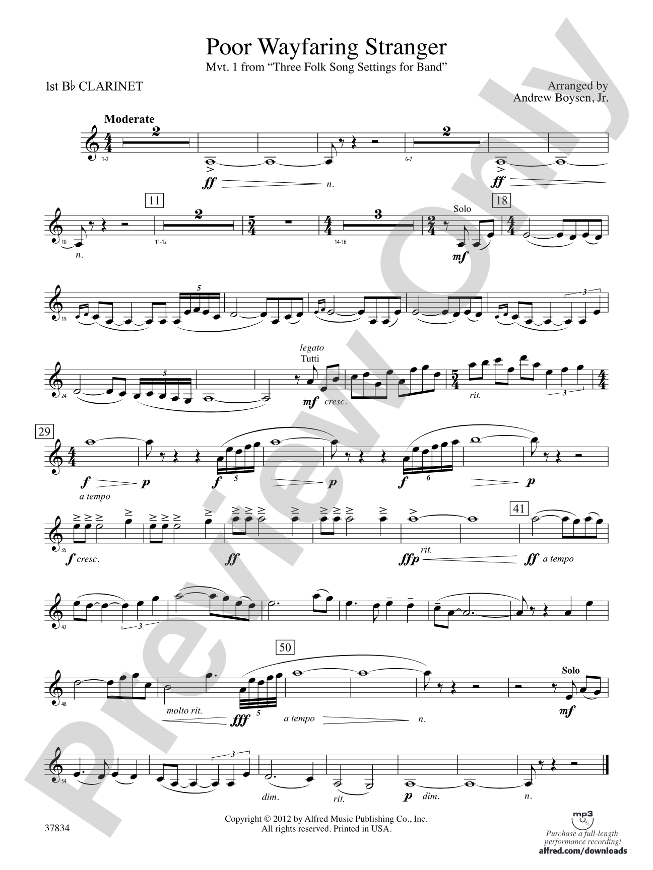 Poor Wayfaring Stranger: 1st B-flat Clarinet