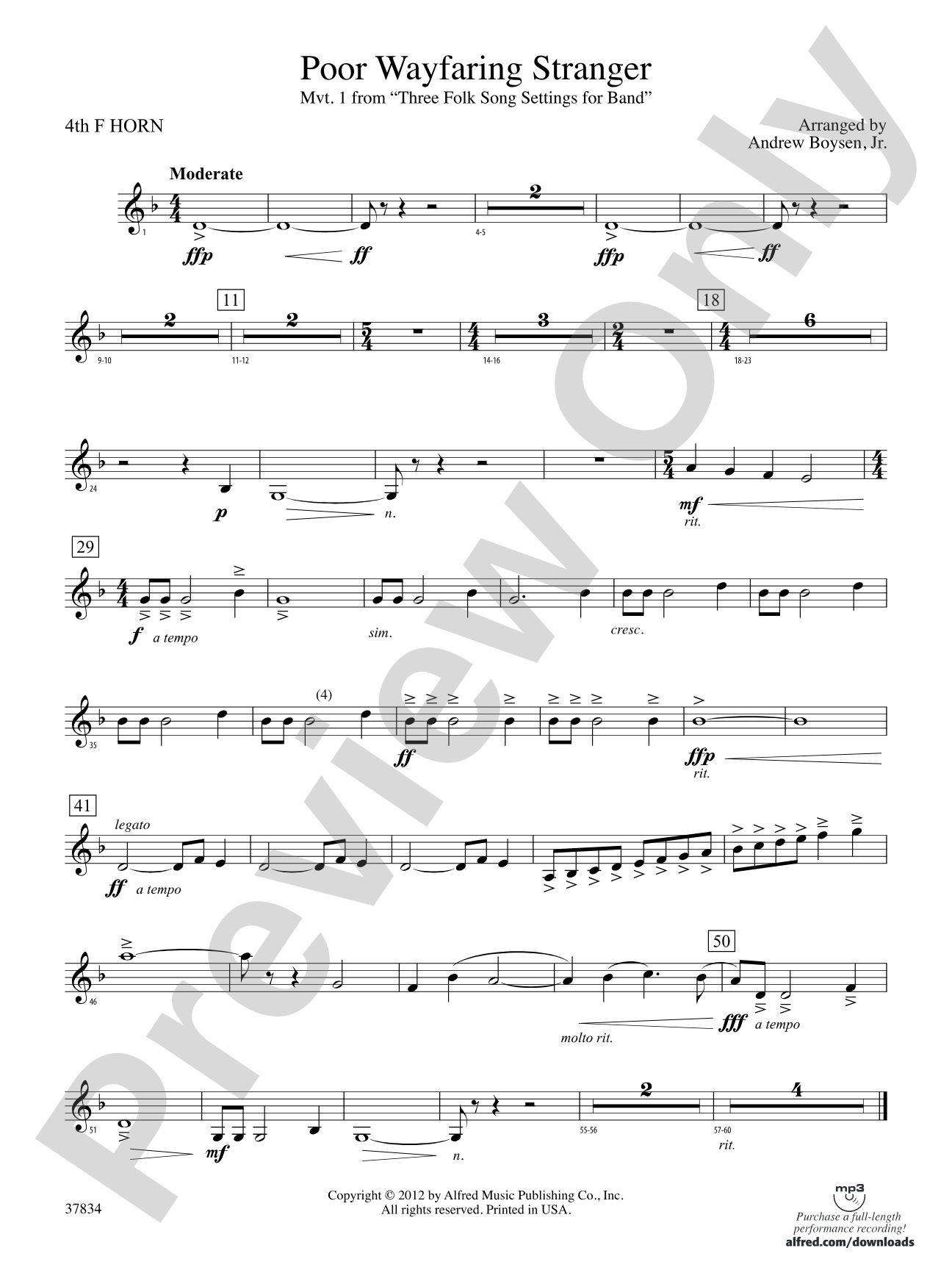 Poor Wayfaring Stranger: 4th F Horn