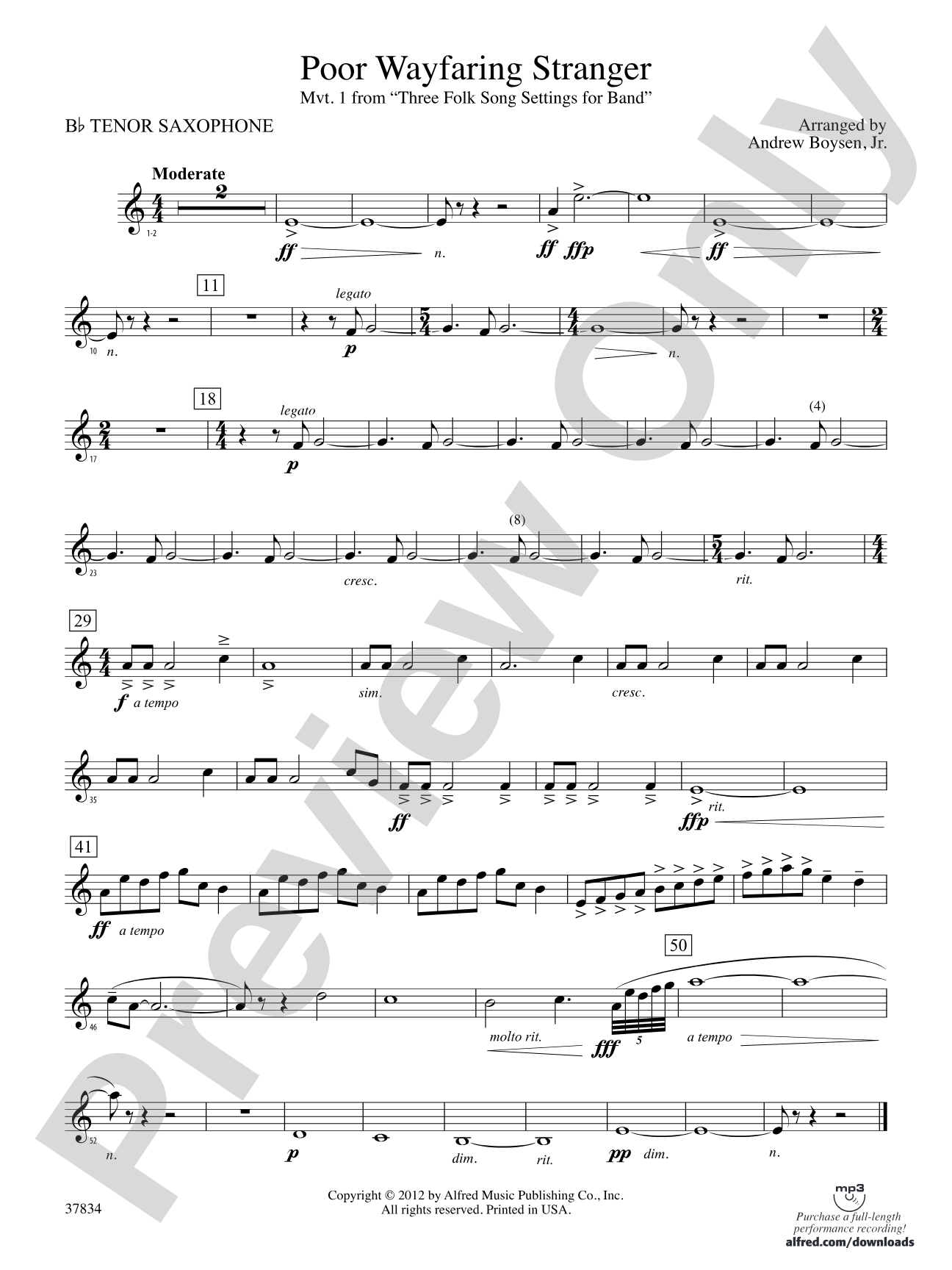 Poor Wayfaring Stranger: B-flat Tenor Saxophone