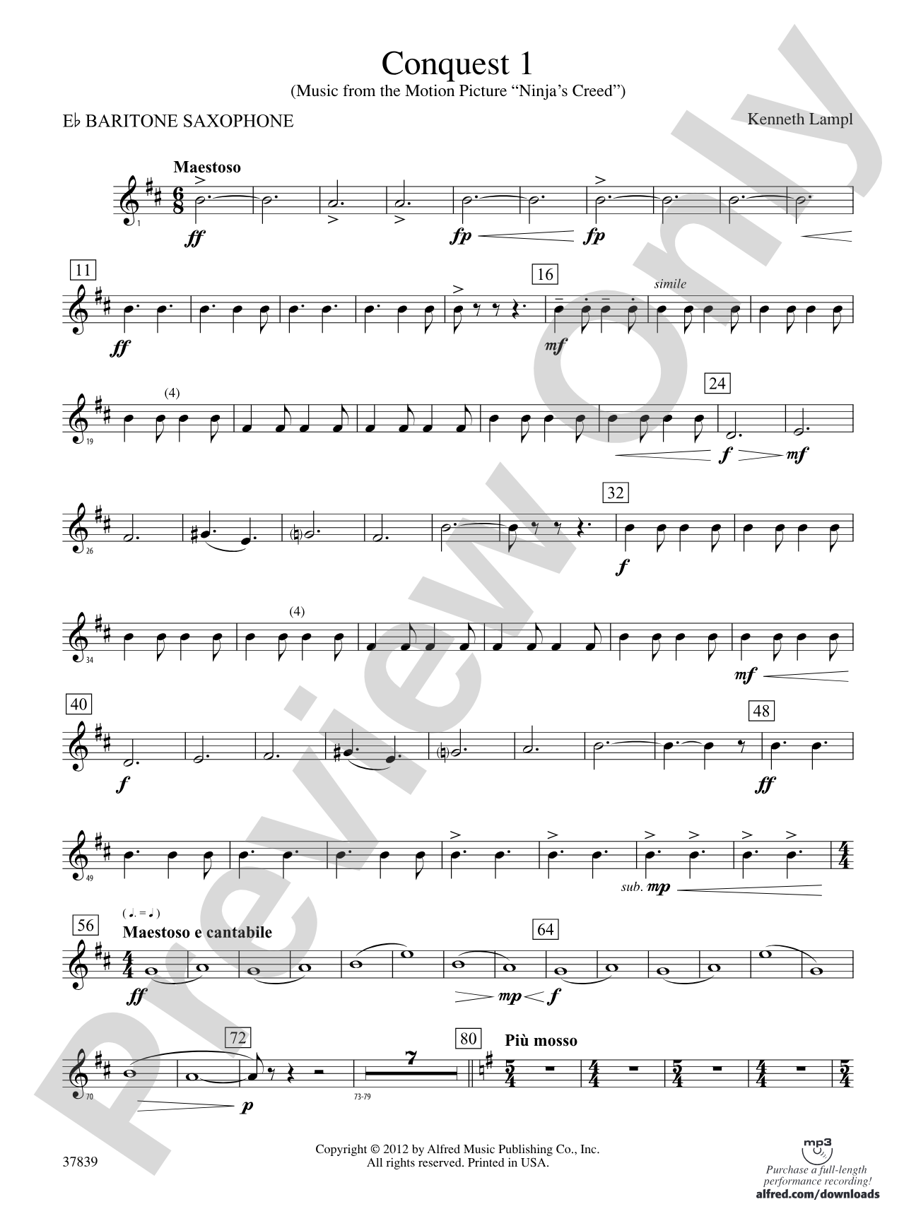 Conquest 1 (from the motion picture Ninja's Creed): E-flat Baritone Saxophone