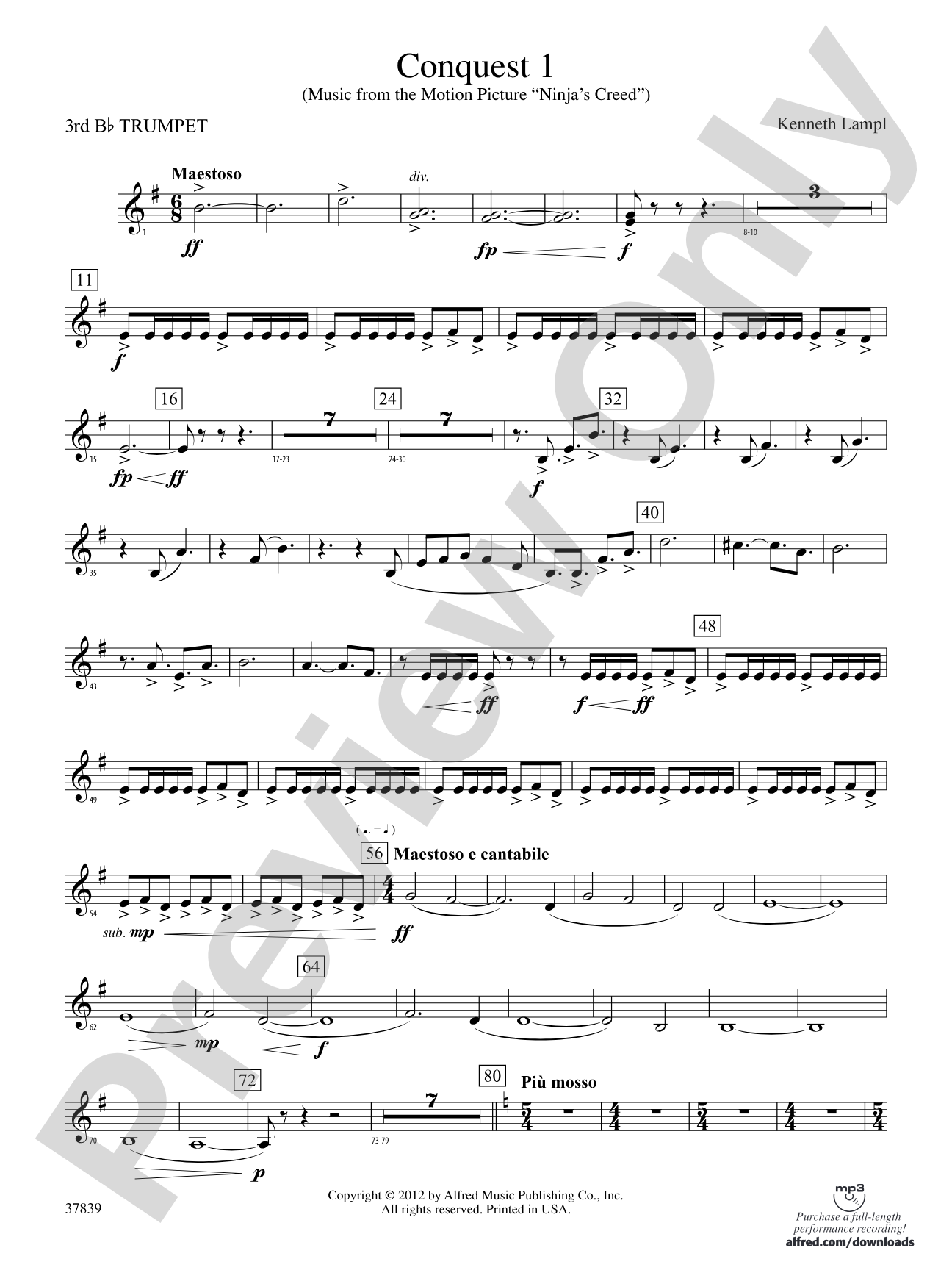 Conquest 1 (from the motion picture Ninja's Creed): 3rd B-flat Trumpet