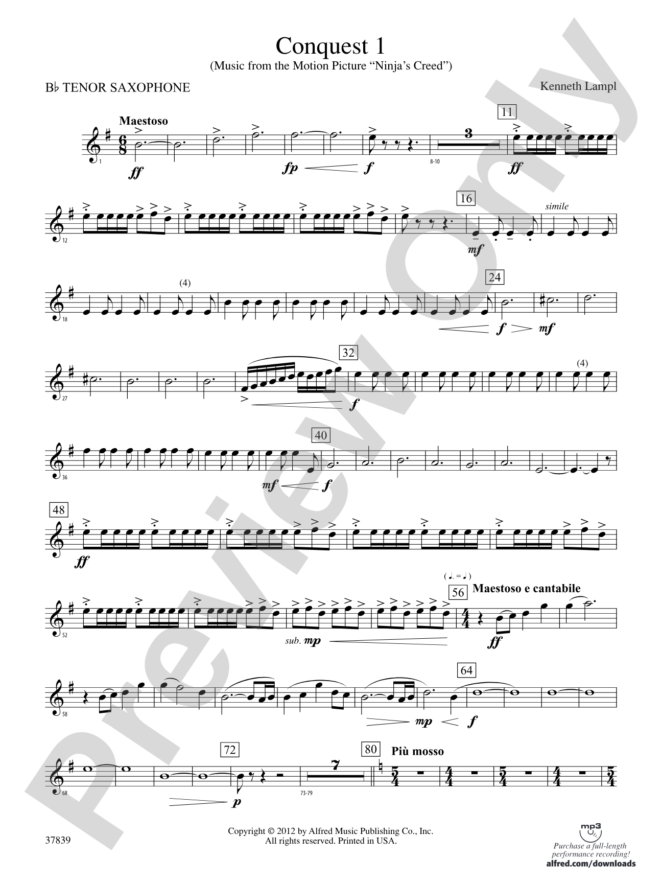 Conquest 1 (from the motion picture Ninja's Creed): B-flat Tenor Saxophone