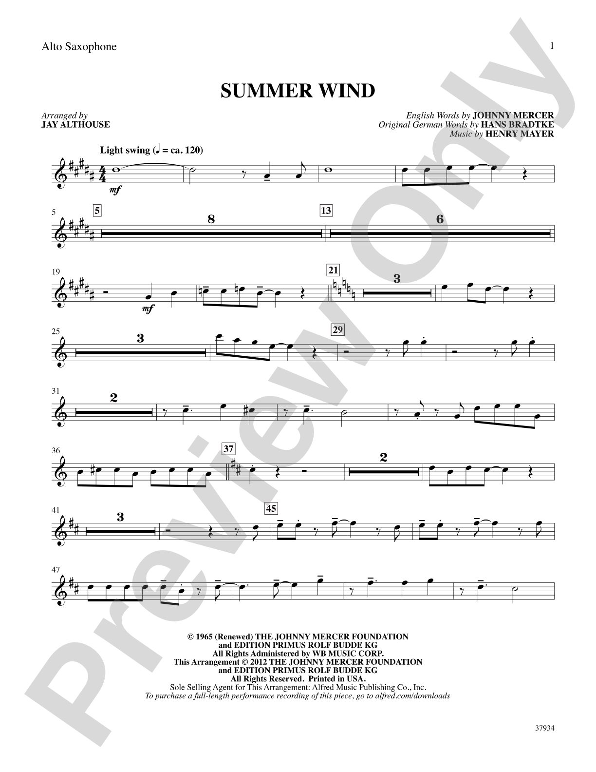 Summer Wind: E-flat Alto Saxophone: Choral SoundPax