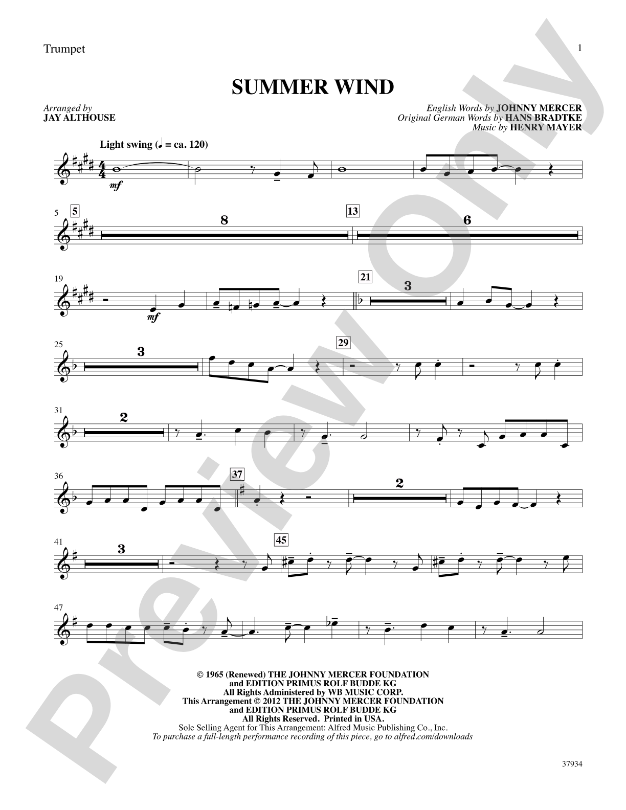 Summer Wind: 1st B-flat Trumpet: Choral SoundPax