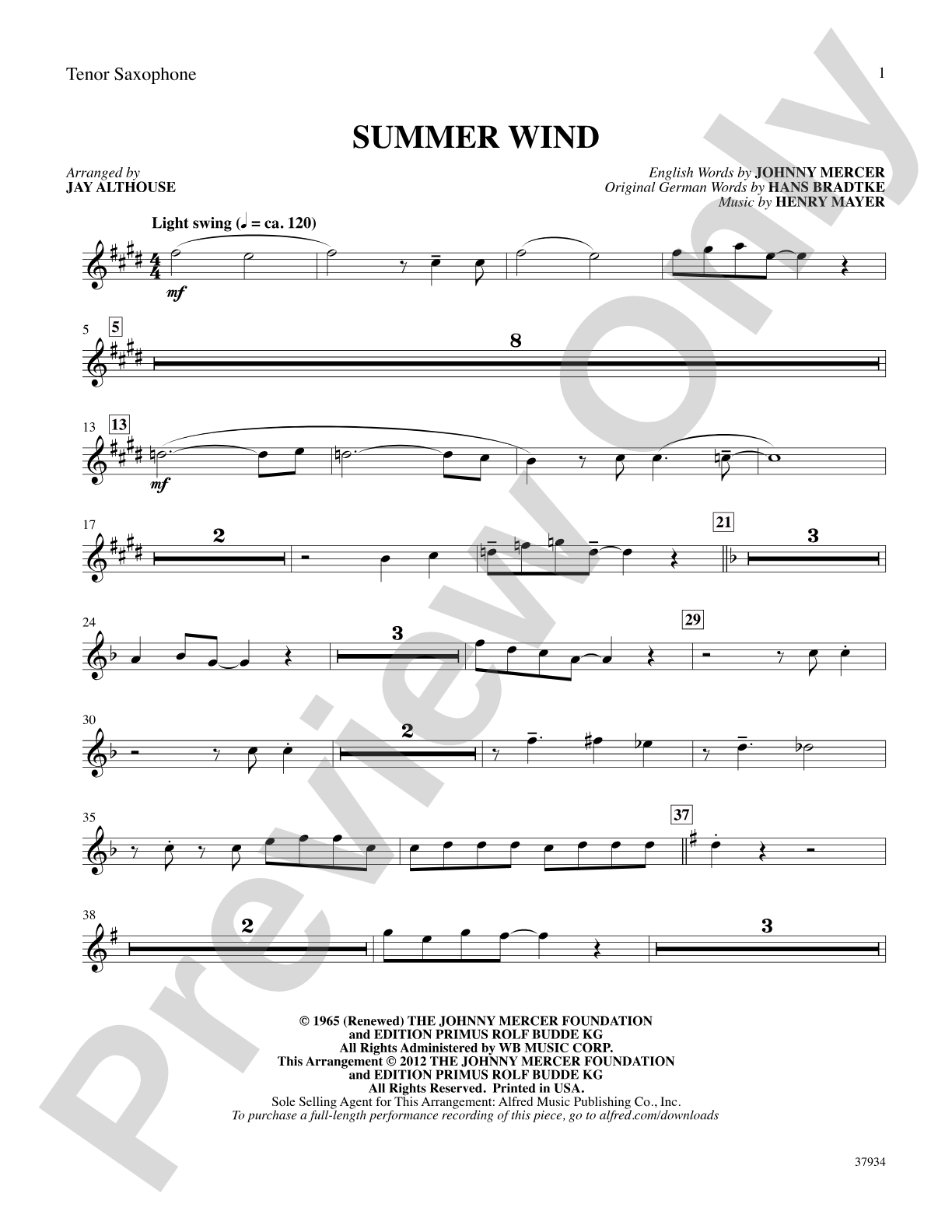 Summer Wind: B-flat Tenor Saxophone: Choral SoundPax