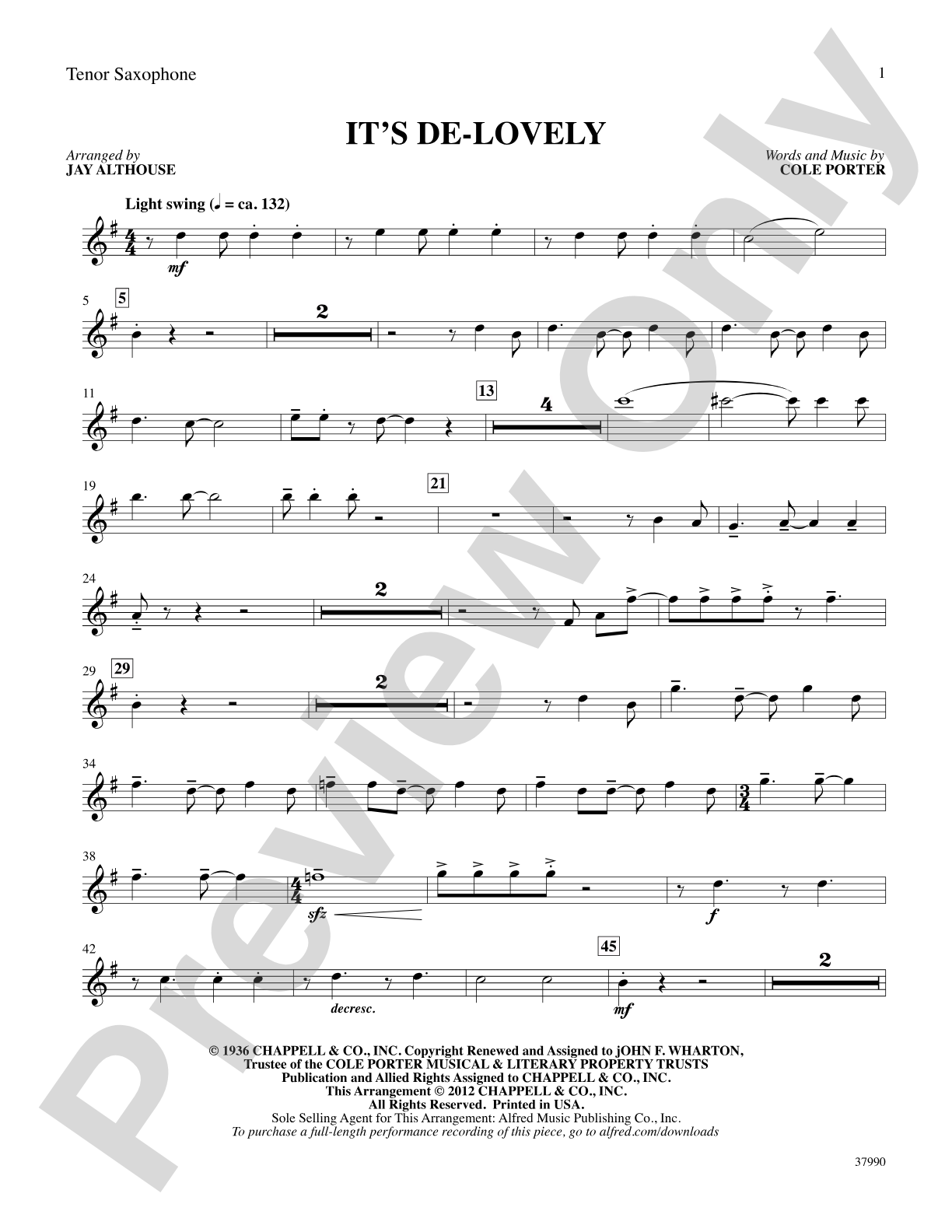 It's De-lovely: B-flat Tenor Saxophone: Choral SoundPax