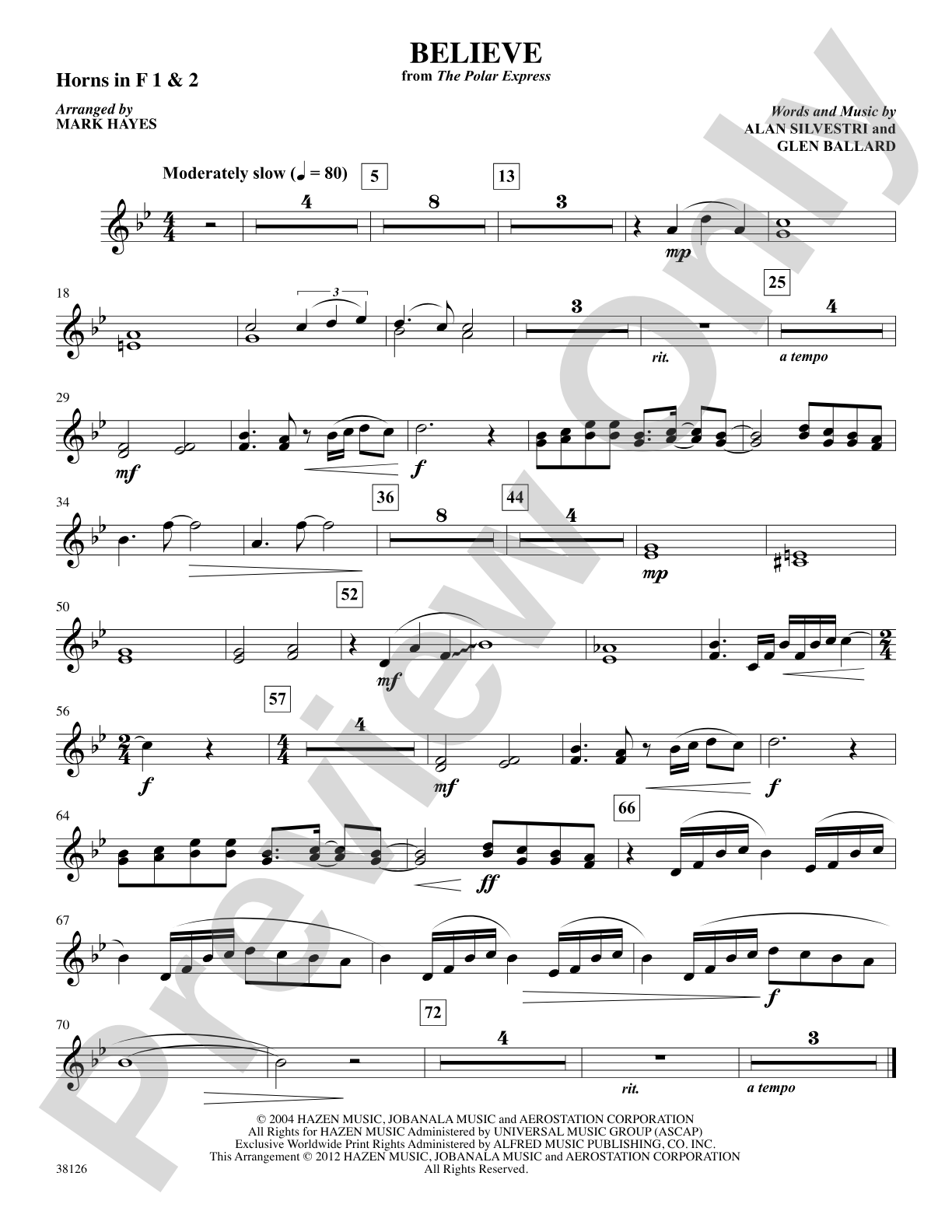 Believe (from The Polar Express): 1st & 2nd F Horns: Choral SoundPax