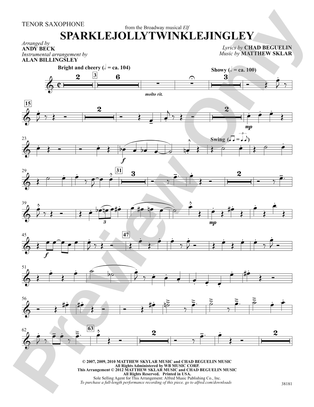 Sparklejollytwinklejingley (from the Broadway musical Elf): B-flat Tenor Saxophone: Choral SoundPax