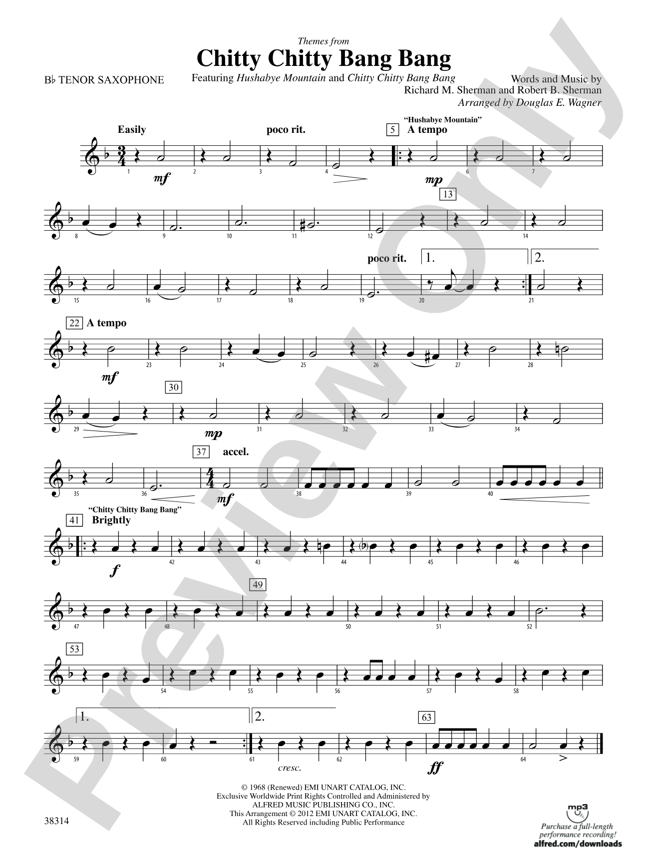 Chitty Chitty Bang Bang, Themes from: B-flat Tenor Saxophone