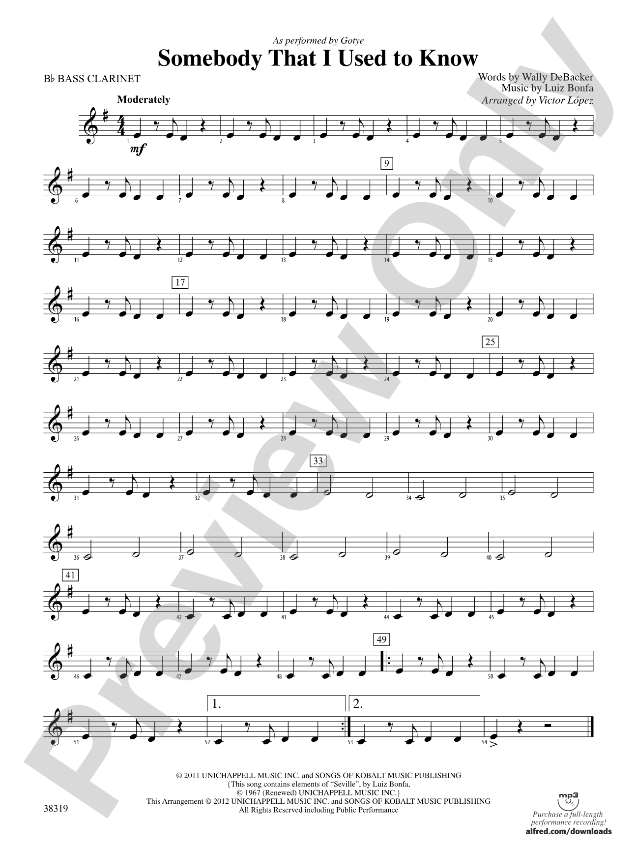 Somebody That I Used to Know: B-flat Bass Clarinet