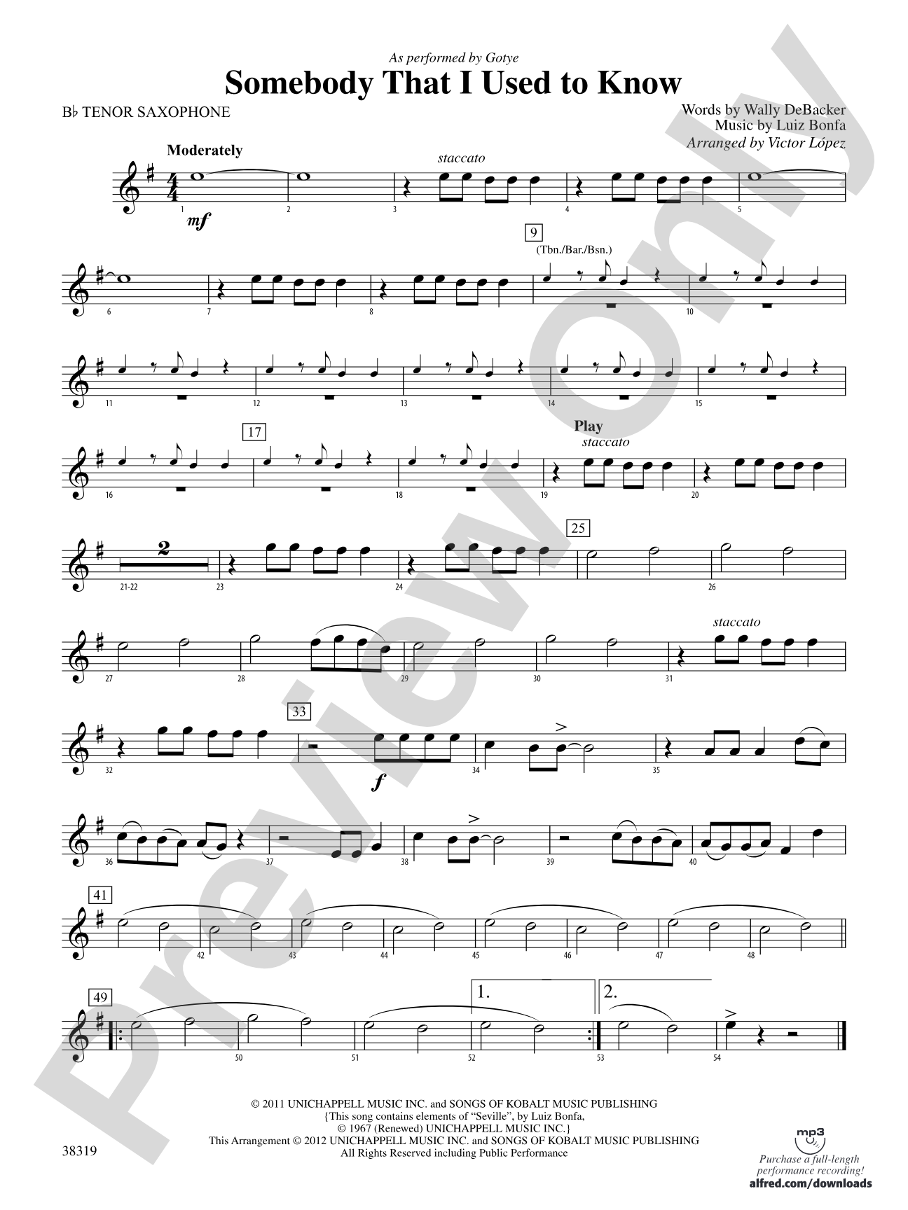 Somebody That I Used to Know: B-flat Tenor Saxophone