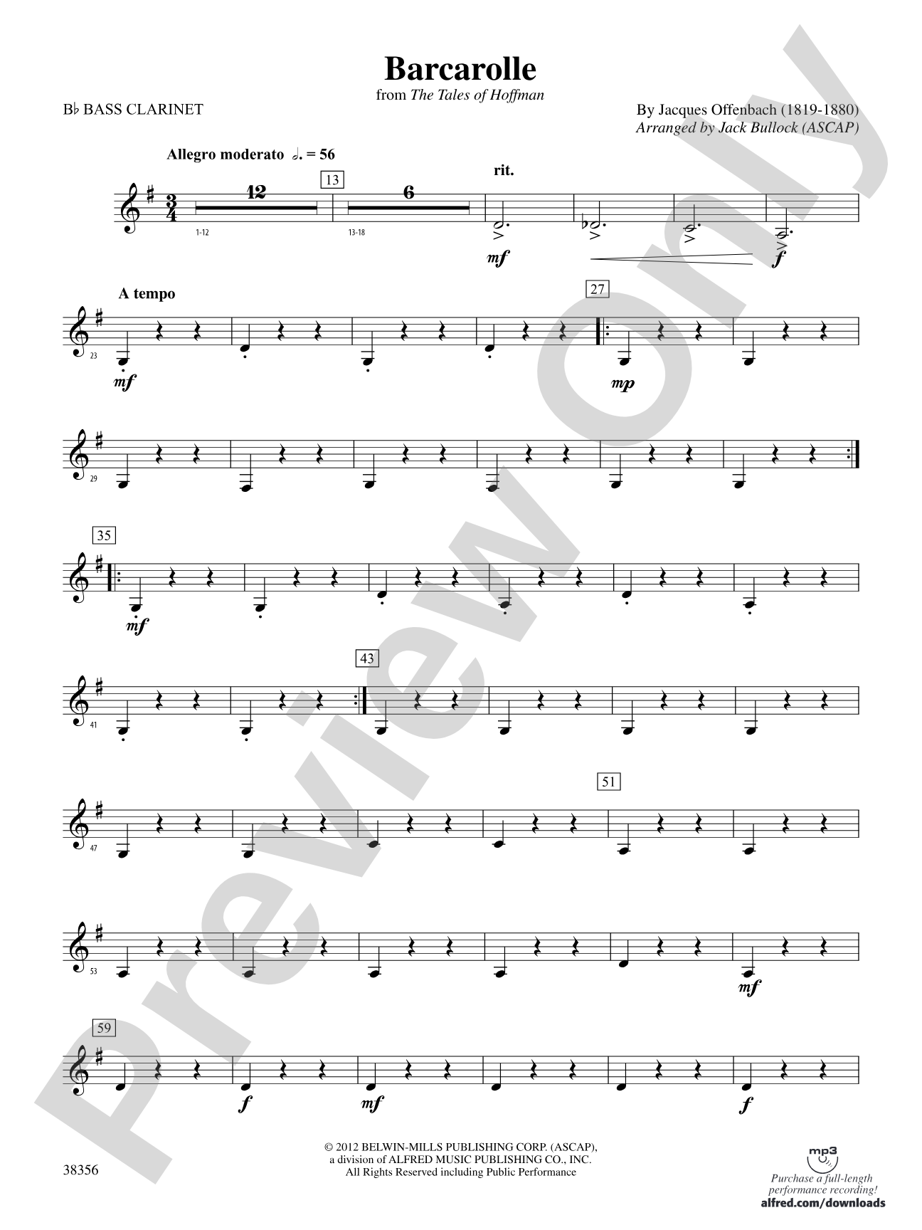 Barcarolle (from The Tales of Hoffman): B-flat Bass Clarinet