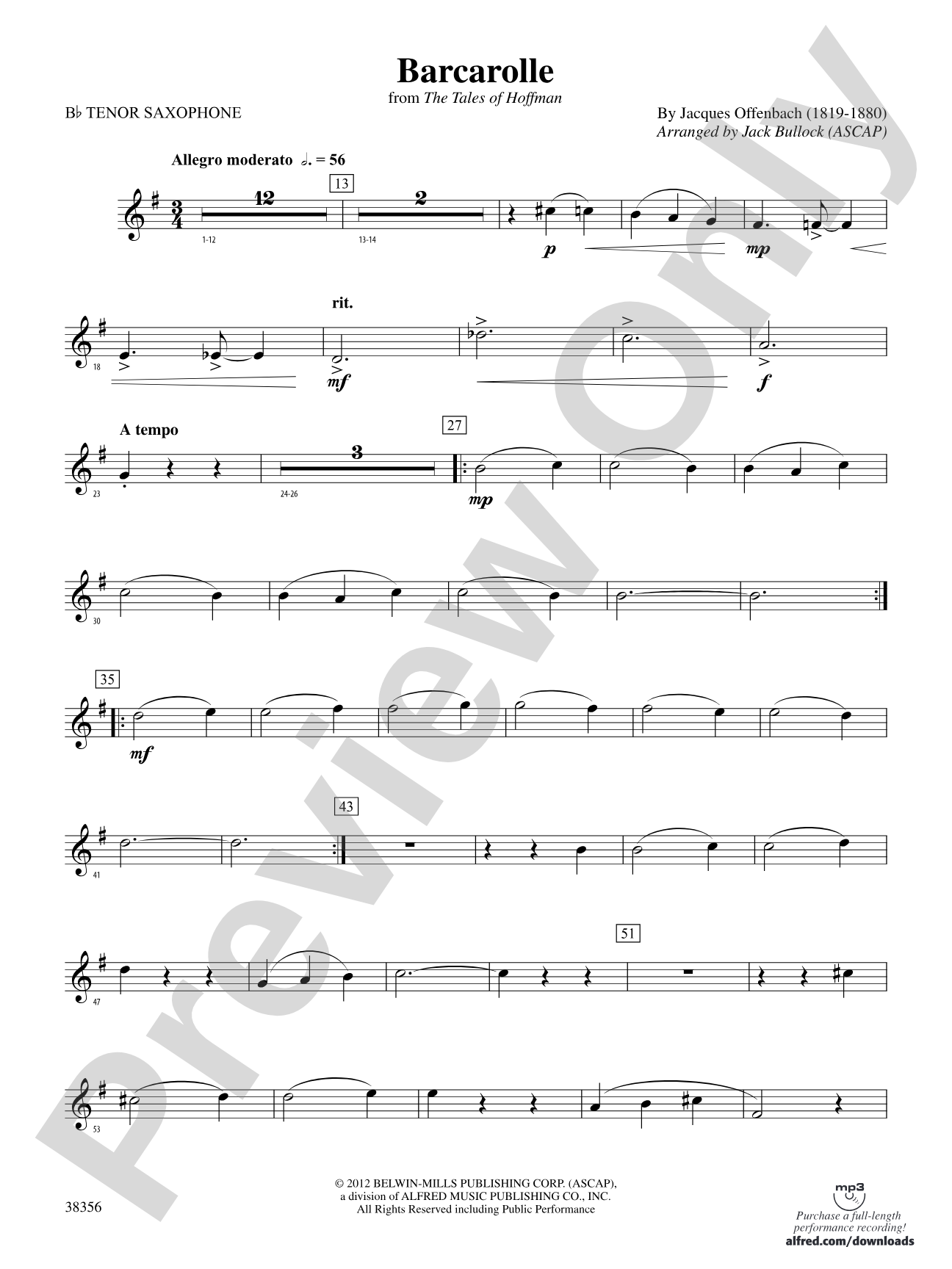 Barcarolle (from The Tales of Hoffman): B-flat Tenor Saxophone
