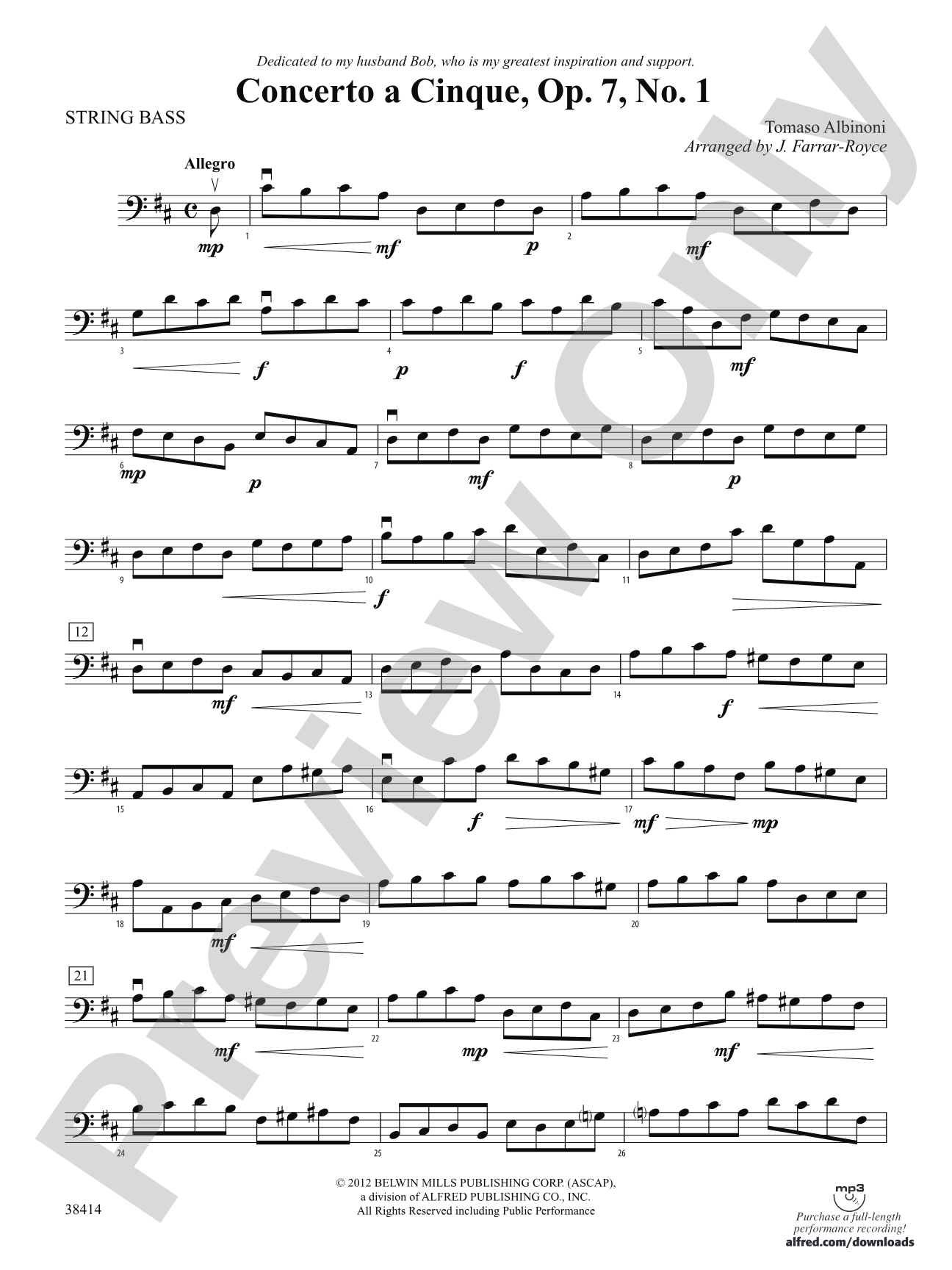 Concerto a Cinque, Op. 7, No. 1: String Bass