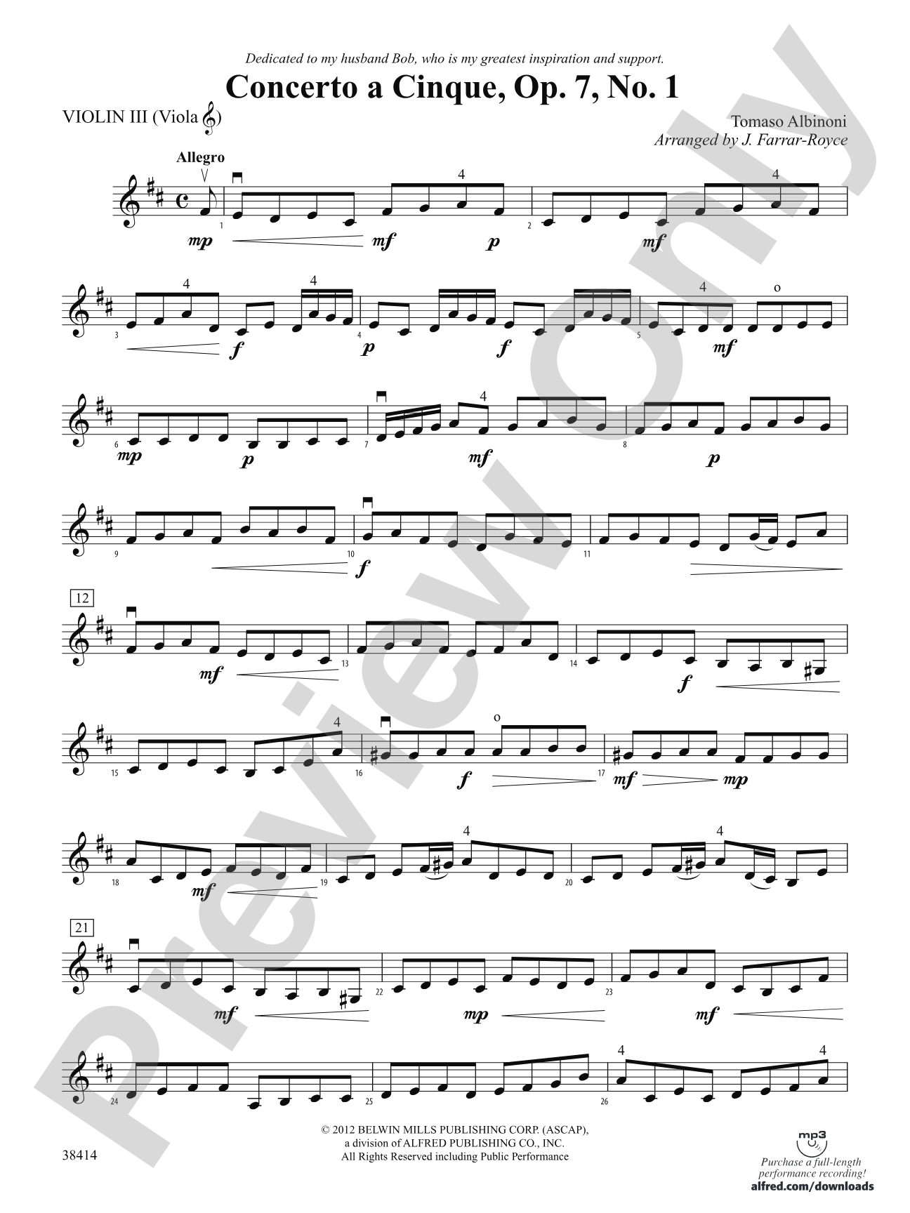 Concerto a Cinque, Op. 7, No. 1: 3rd Violin (Viola [TC])