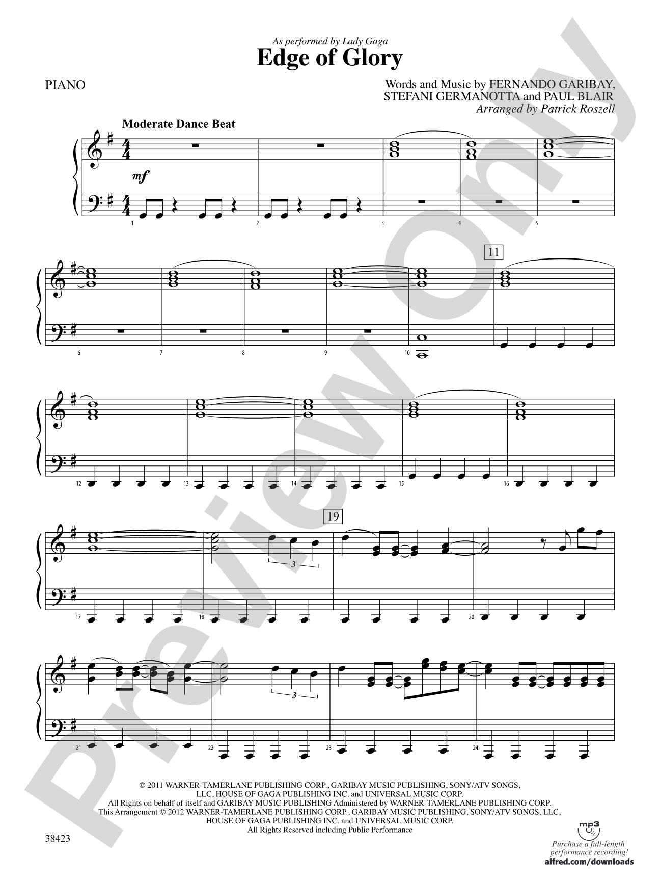 Edge of Glory: Piano Accompaniment