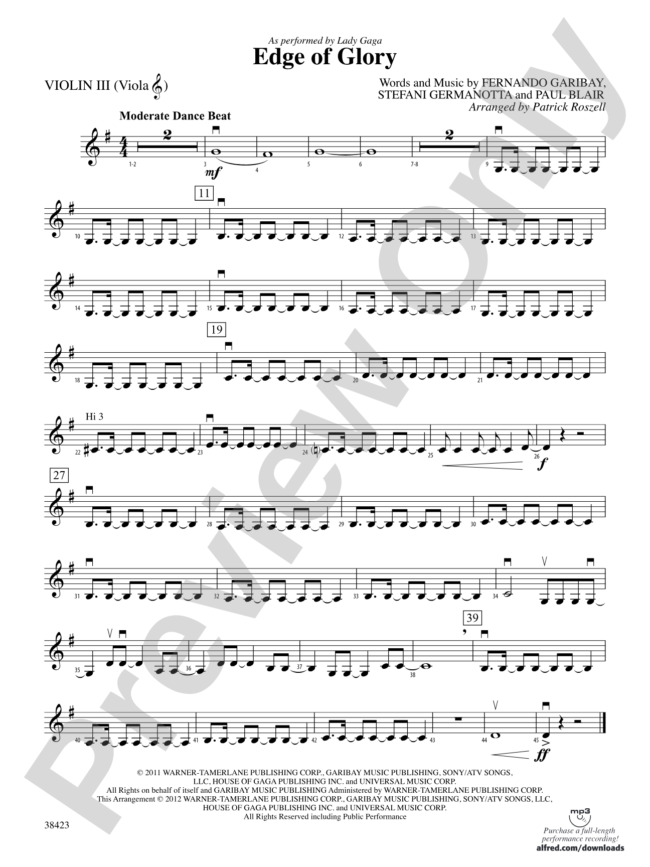 Edge of Glory: 3rd Violin (Viola [TC])