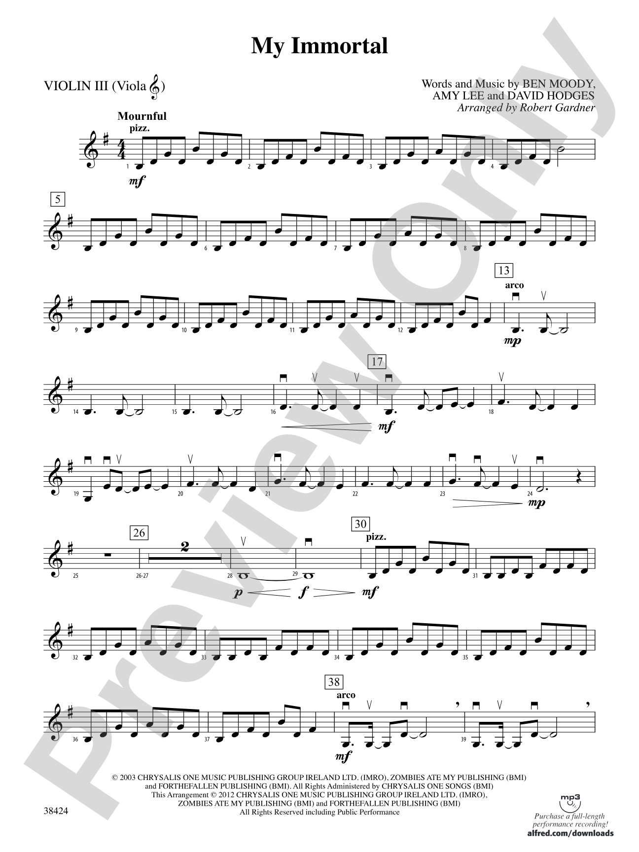 My Immortal: 3rd Violin (Viola [TC])