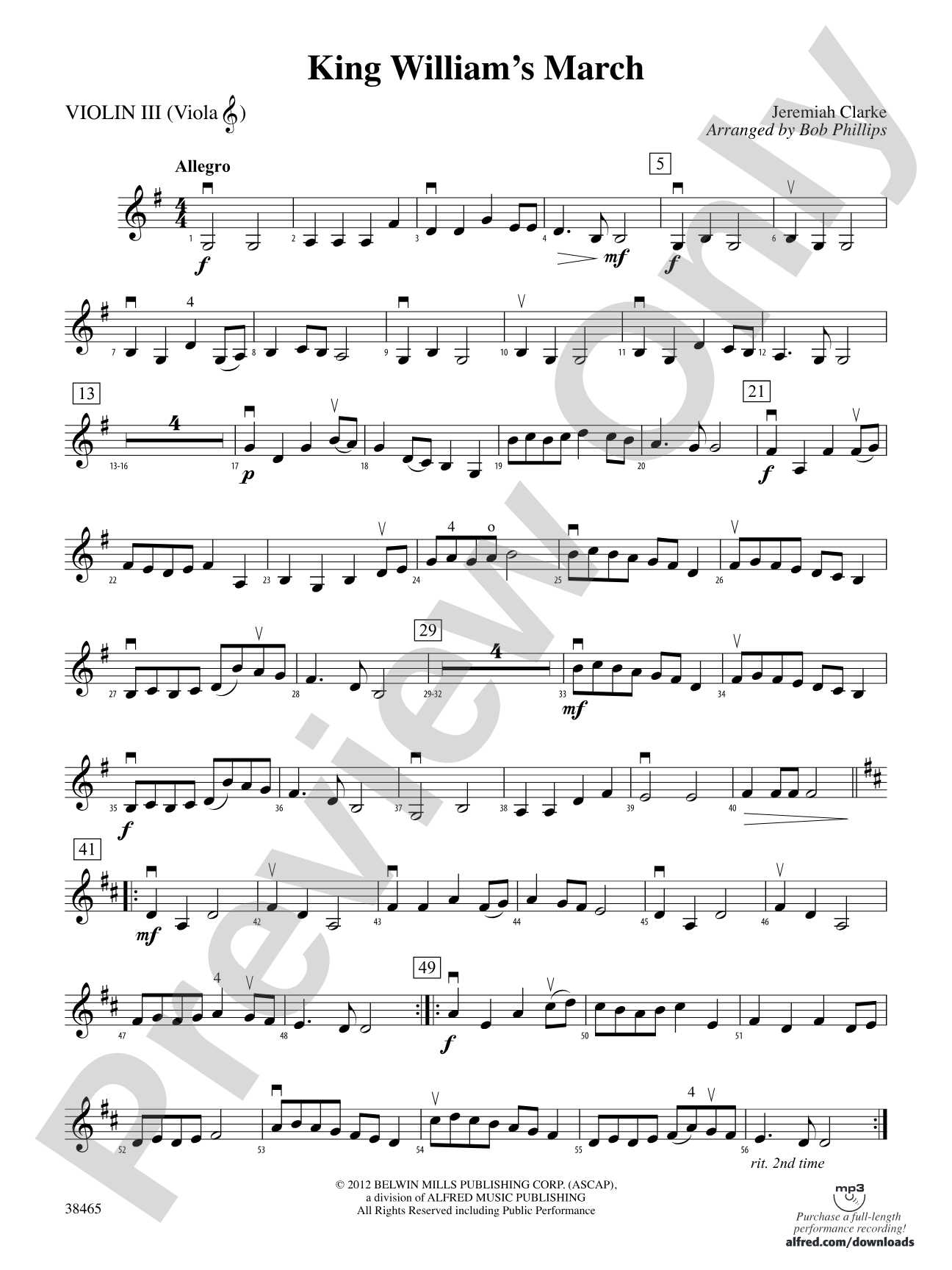 King William's March: 3rd Violin (Viola [TC])