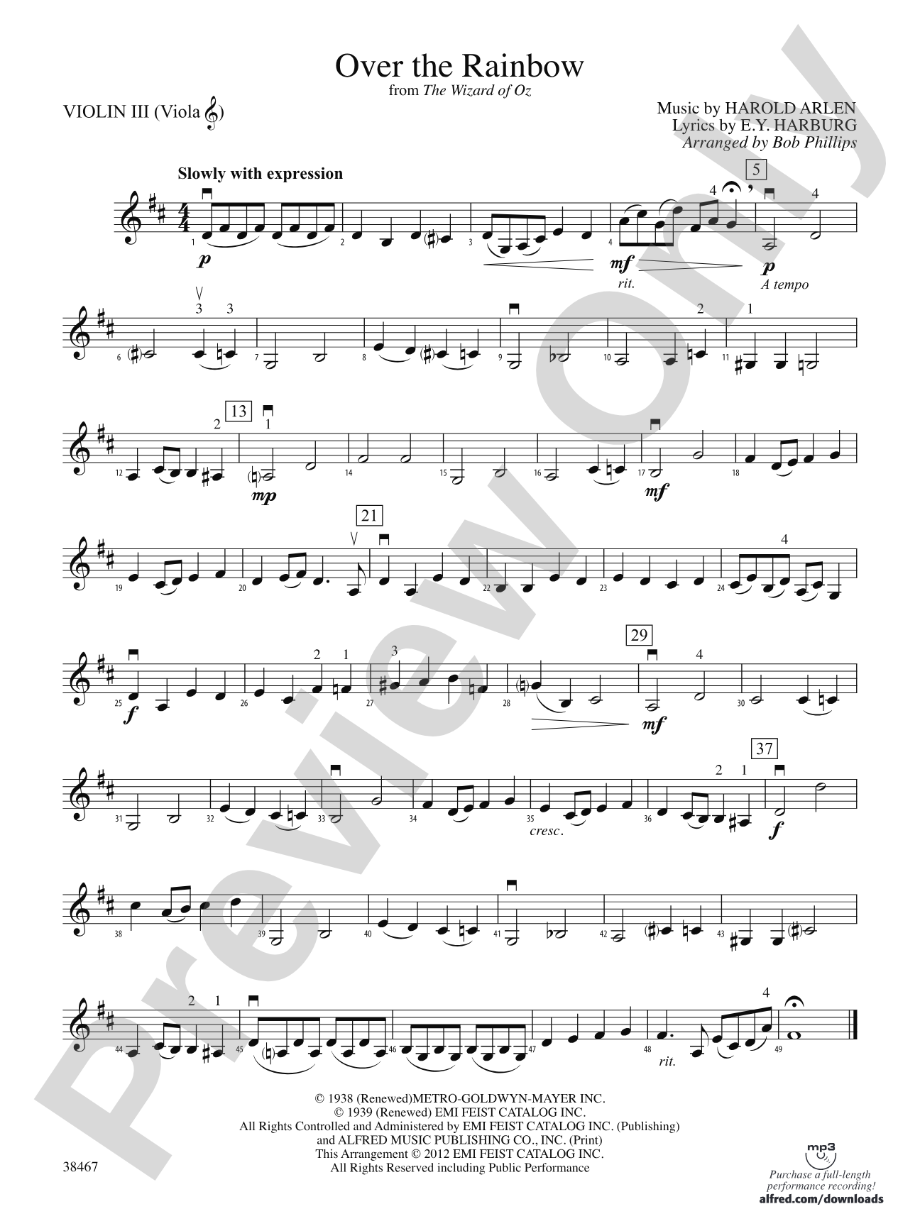 Over the Rainbow (from The Wizard of Oz): 3rd Violin (Viola [TC])