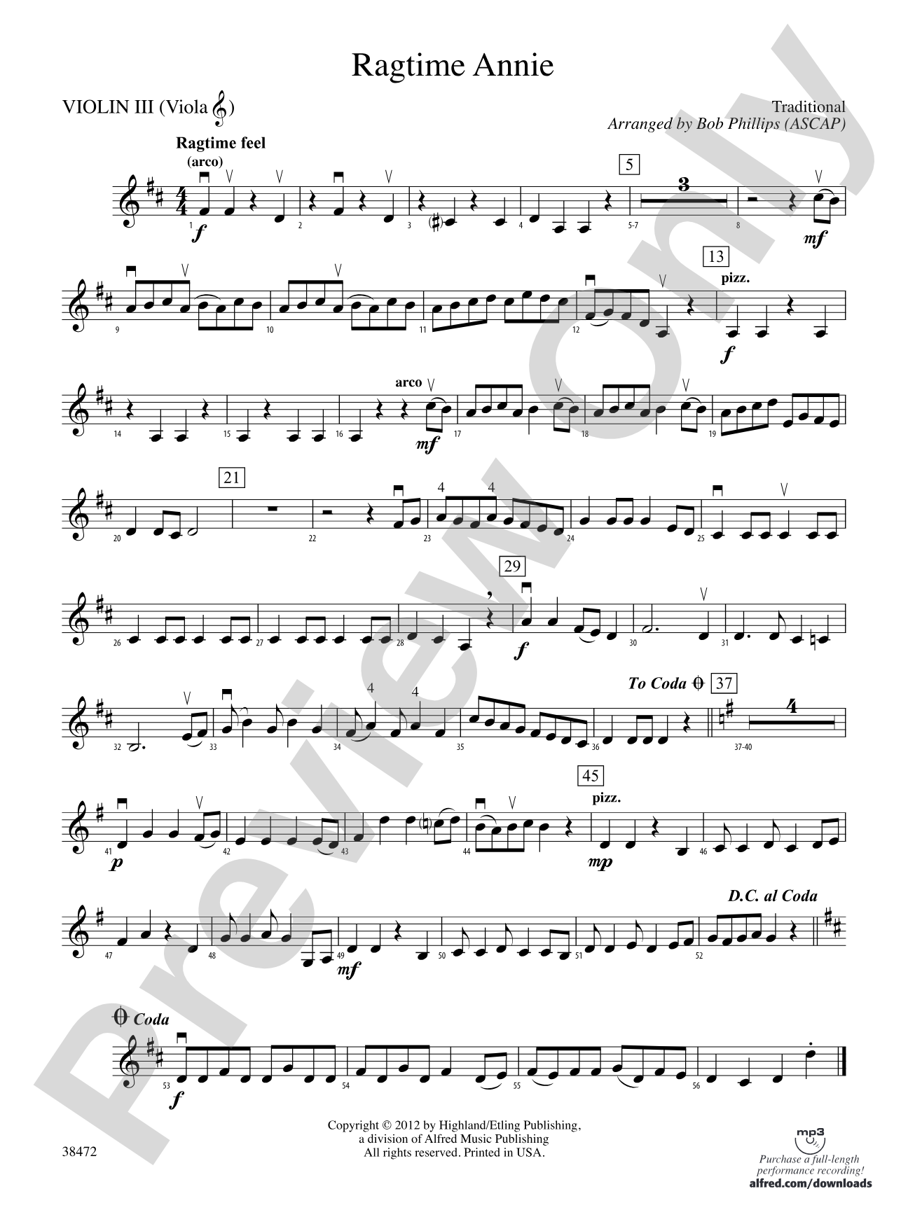 Ragtime Annie: 3rd Violin (Viola [TC])