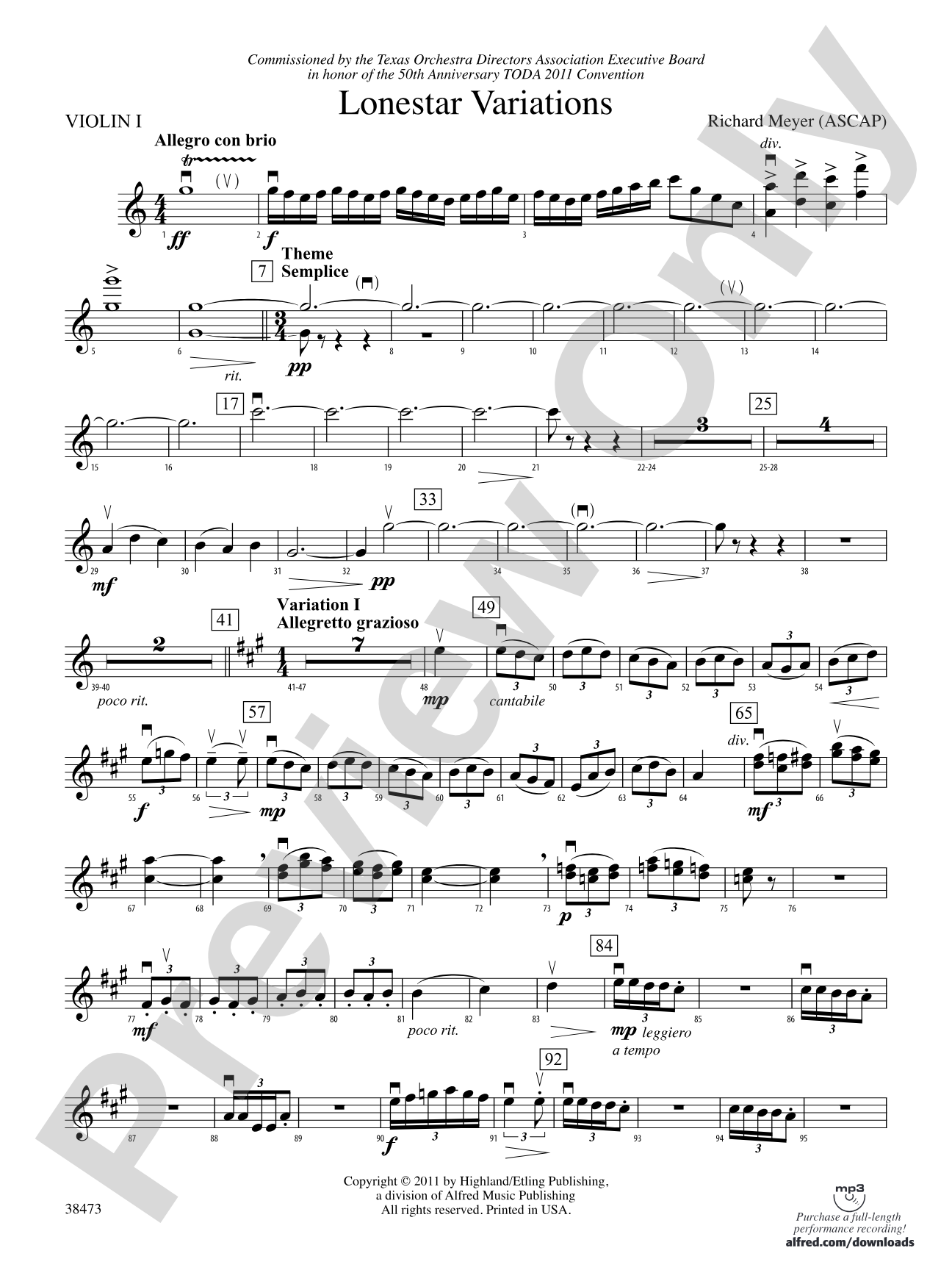 Lonestar Variations: 1st Violin