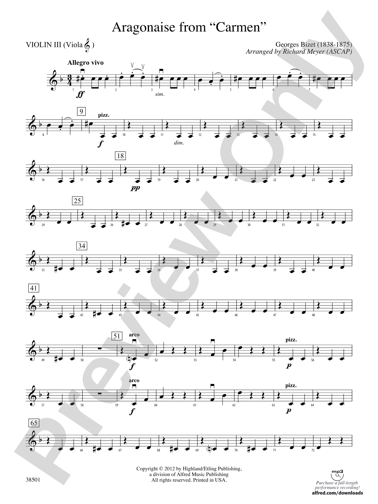 Aragonaise from Carmen: 3rd Violin (Viola [TC])